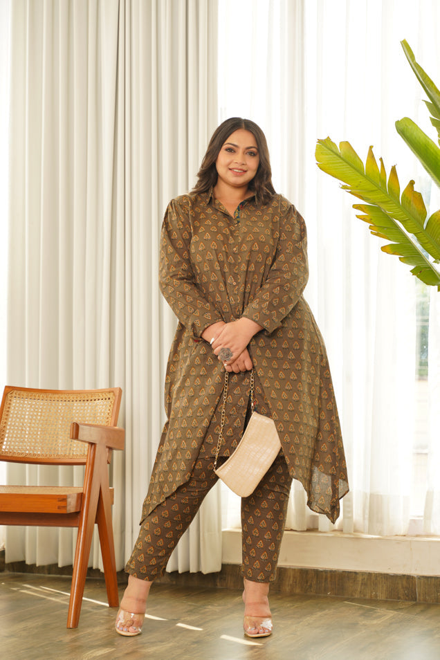 Regular Brown Hi-Lo Cotton Co-ord Set