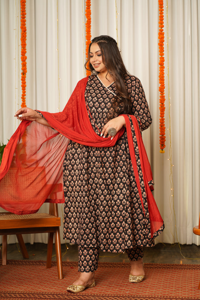Black Block Print Cotton Angrakha Suit Set - (Set of 3)