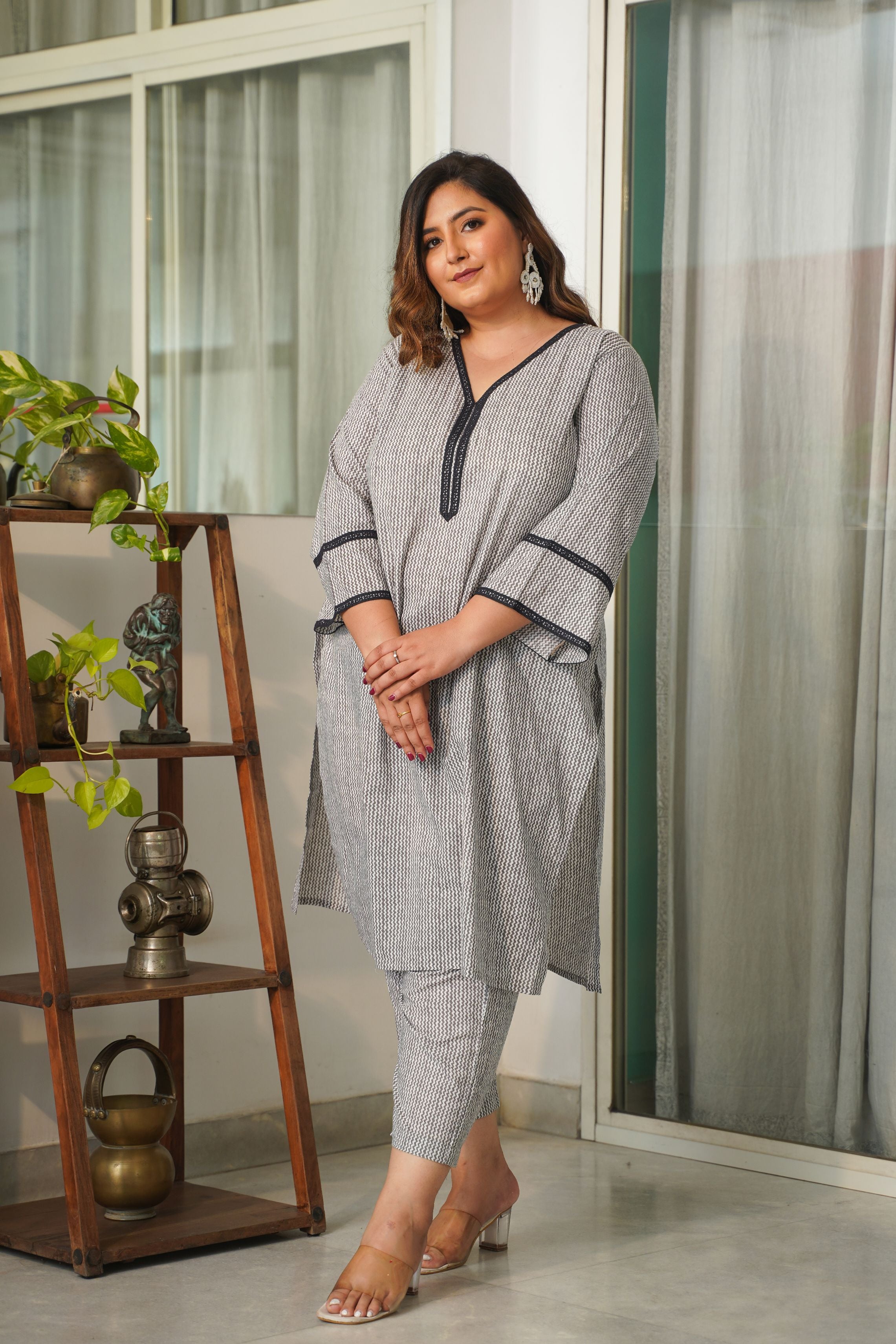 Grey Chevron V-Neck Cotton Co-Ord Set