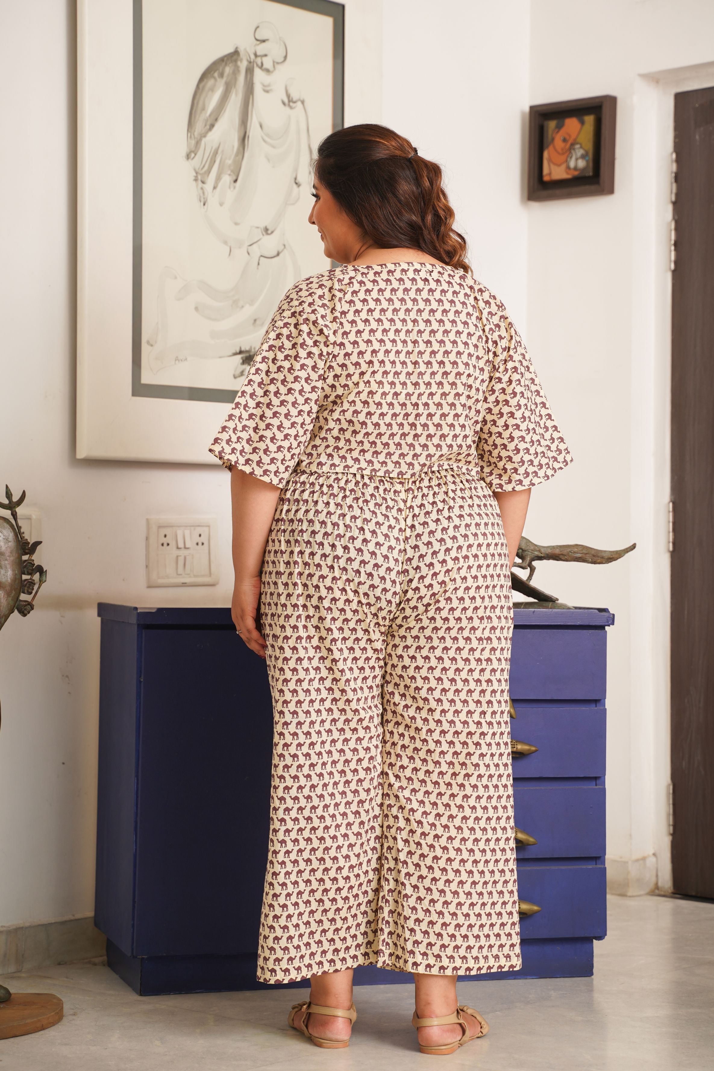 Camel Print Cream Cotton V Neck Co-Ord Set