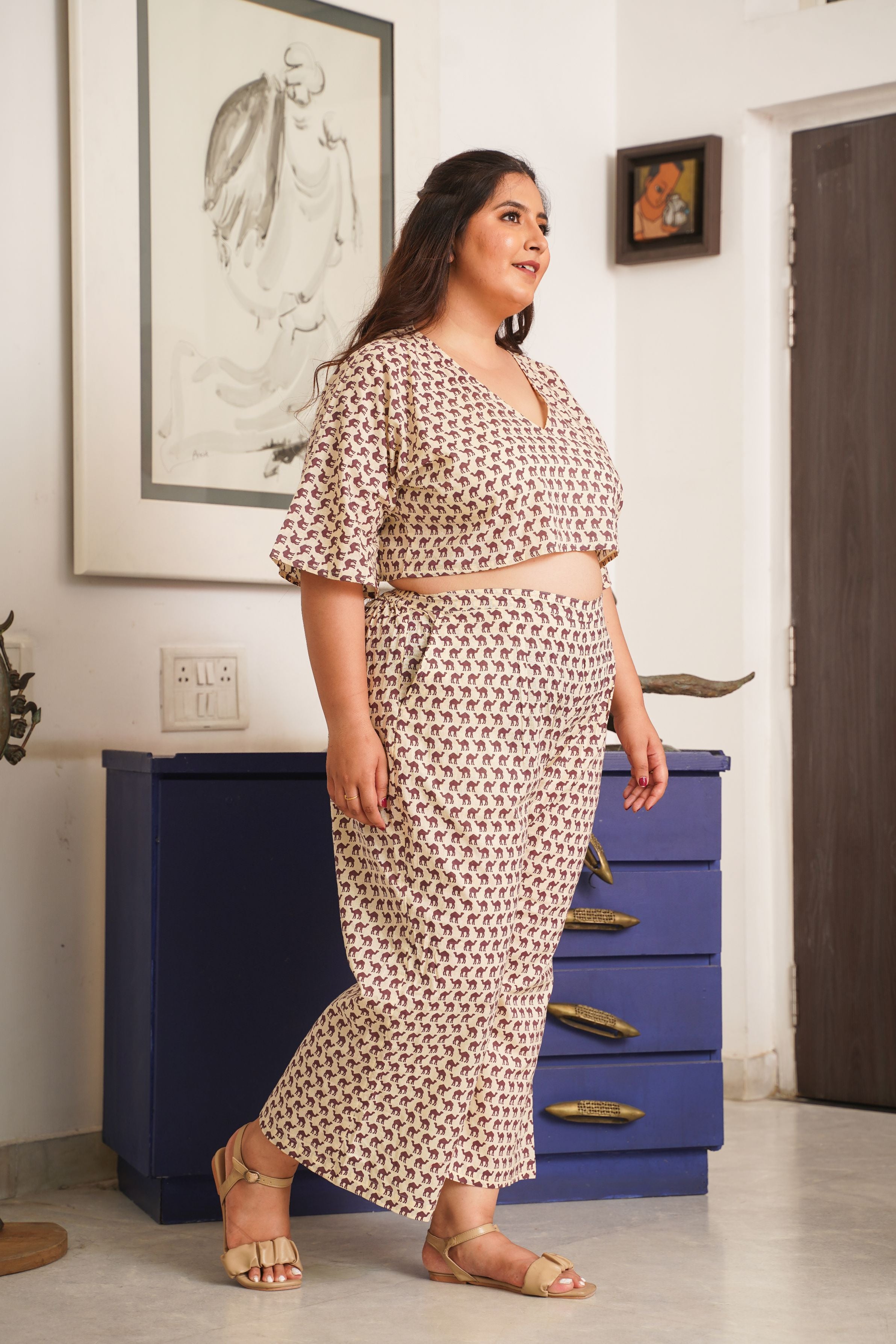 Camel Print Cream Cotton V Neck Co-Ord Set