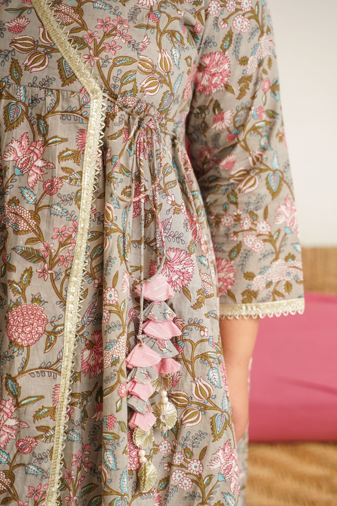 Grey Pink Floral Angrakha Kurta Suit Set - ( Set of 3 )