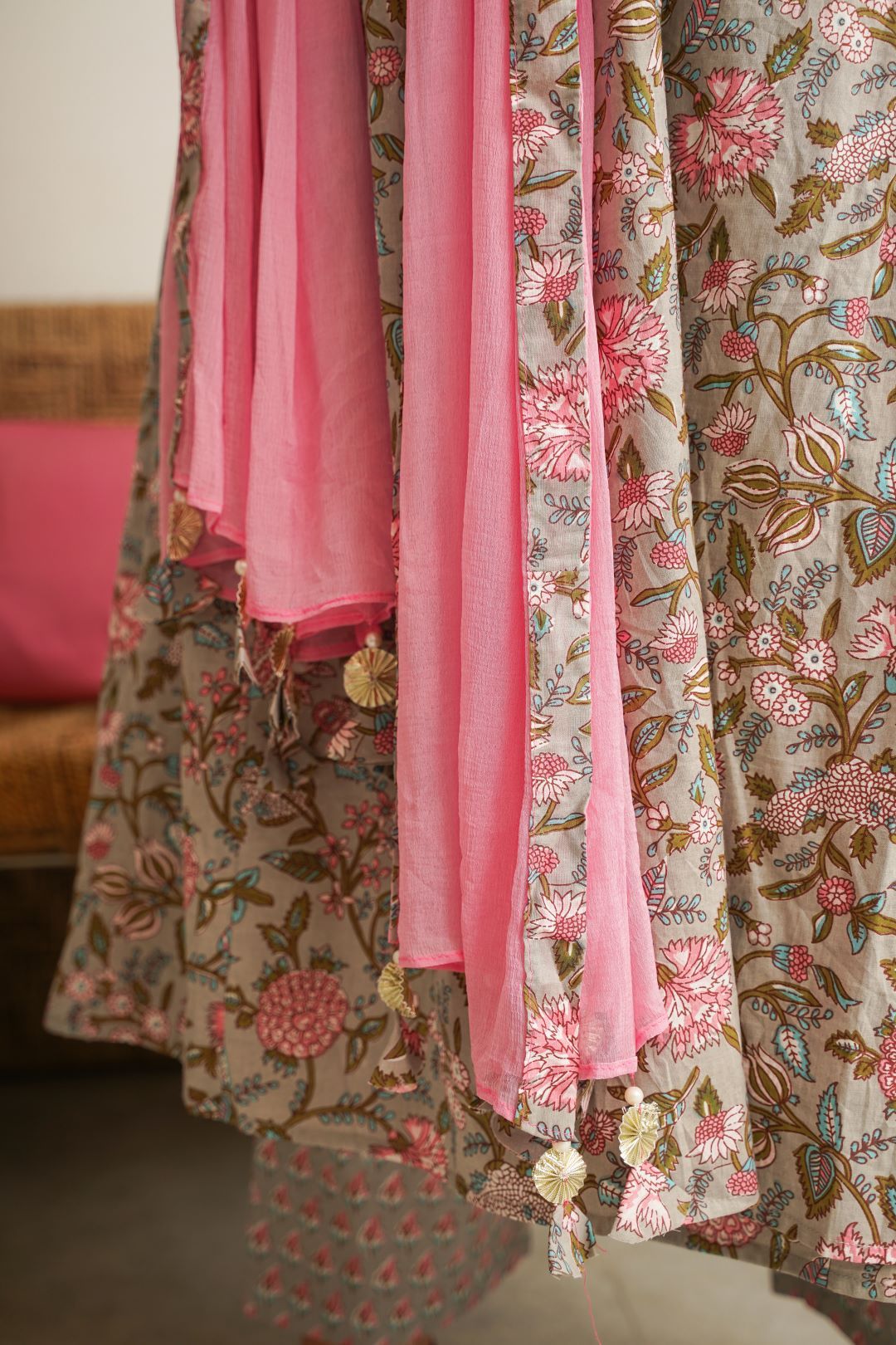 Grey Pink Floral Angrakha Kurta Suit Set - ( Set of 3 )