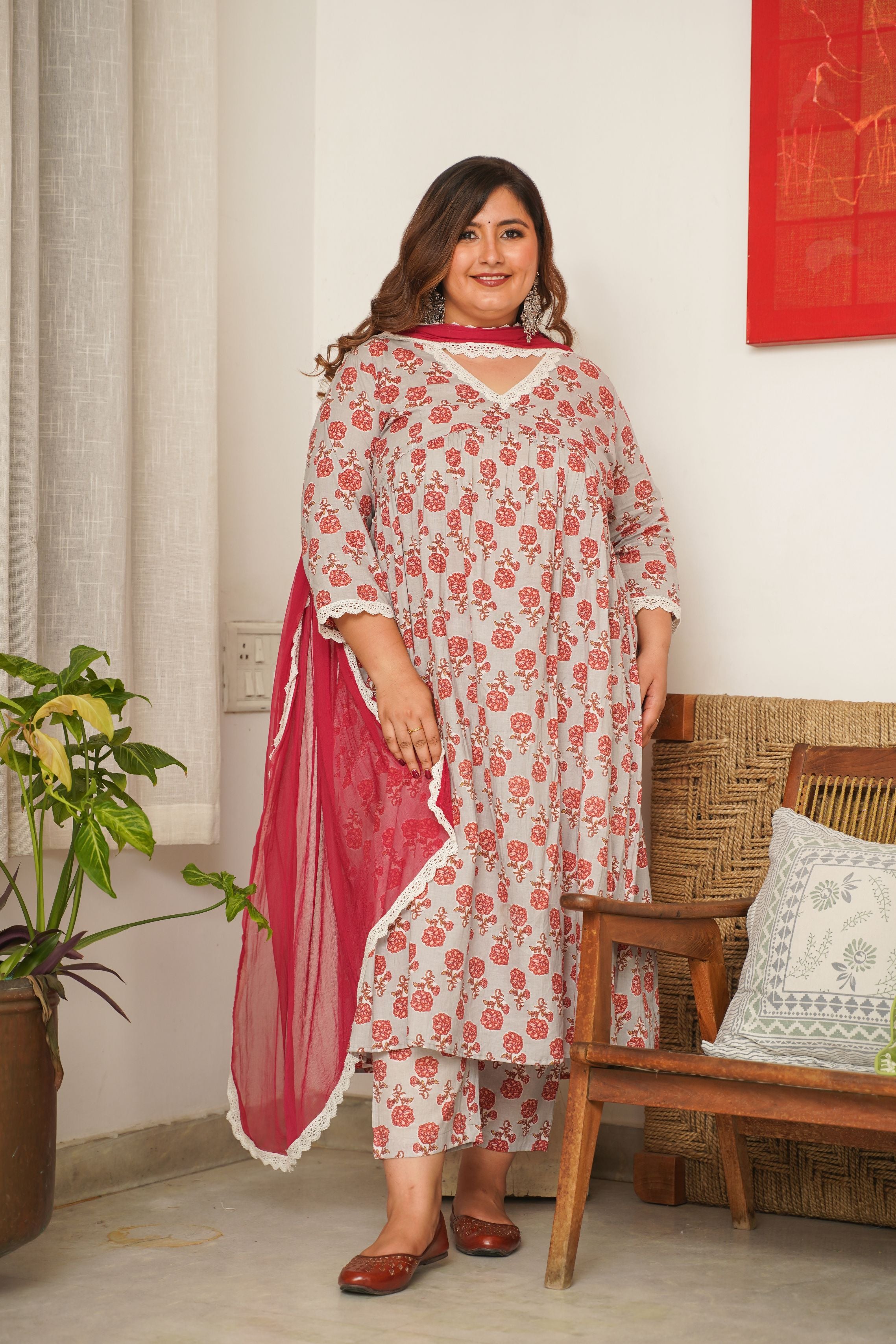 ROSE PRINT ALIA KURTA SUIT SET - ( Set of 3 )
