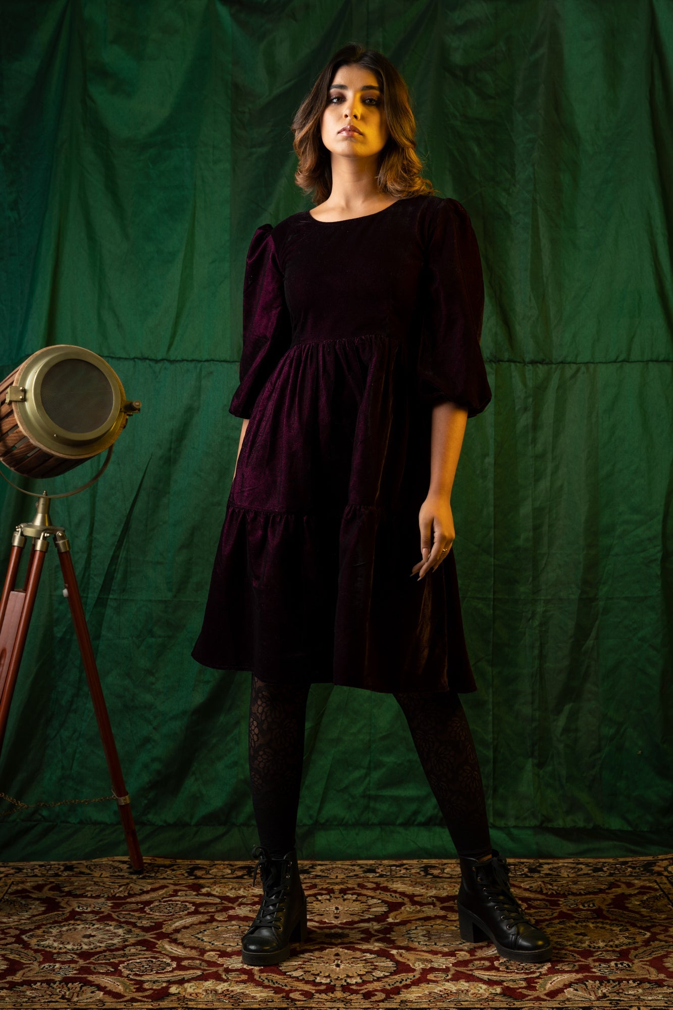 Wine Velvet Tiered Dress