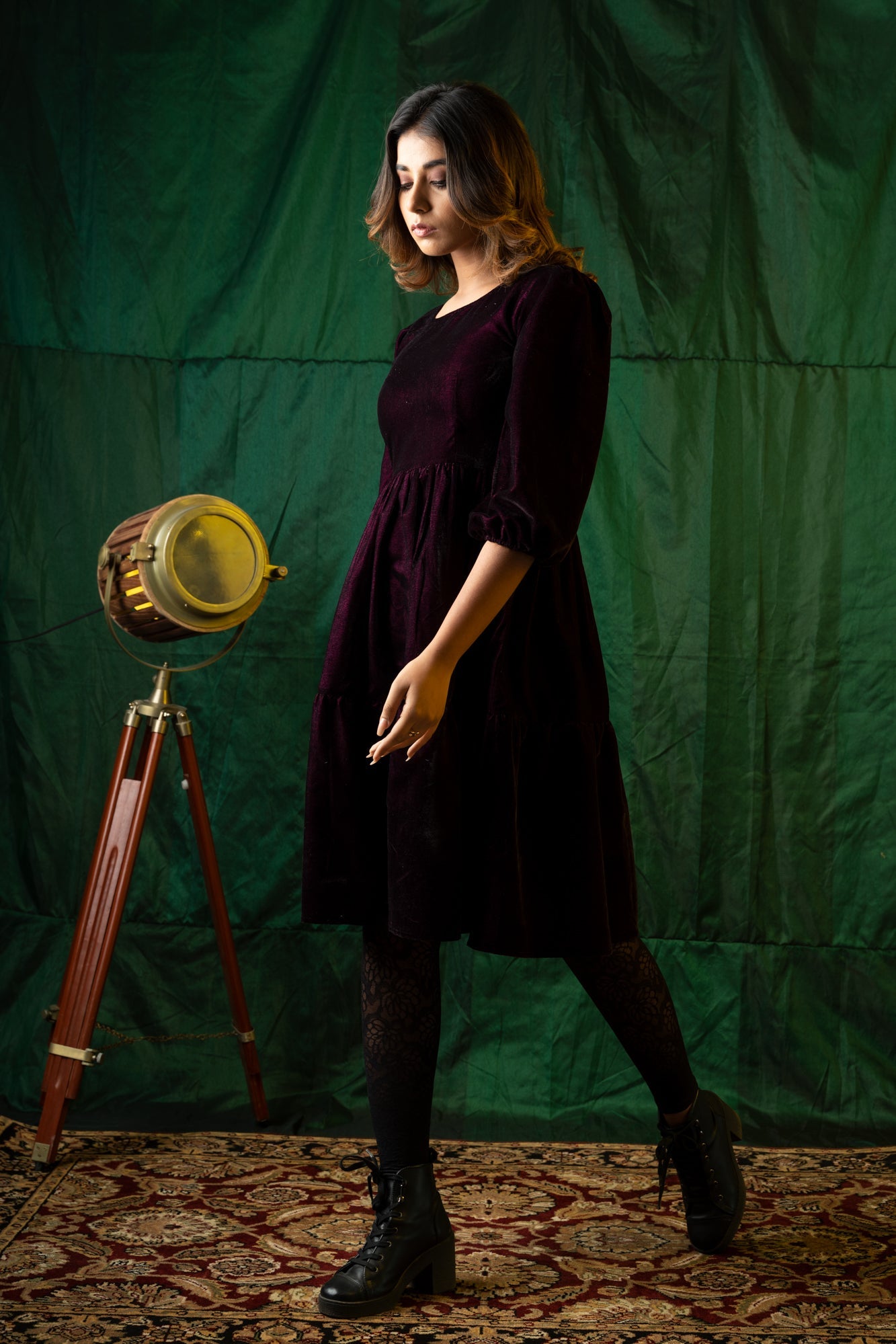 Wine Velvet Tiered Dress