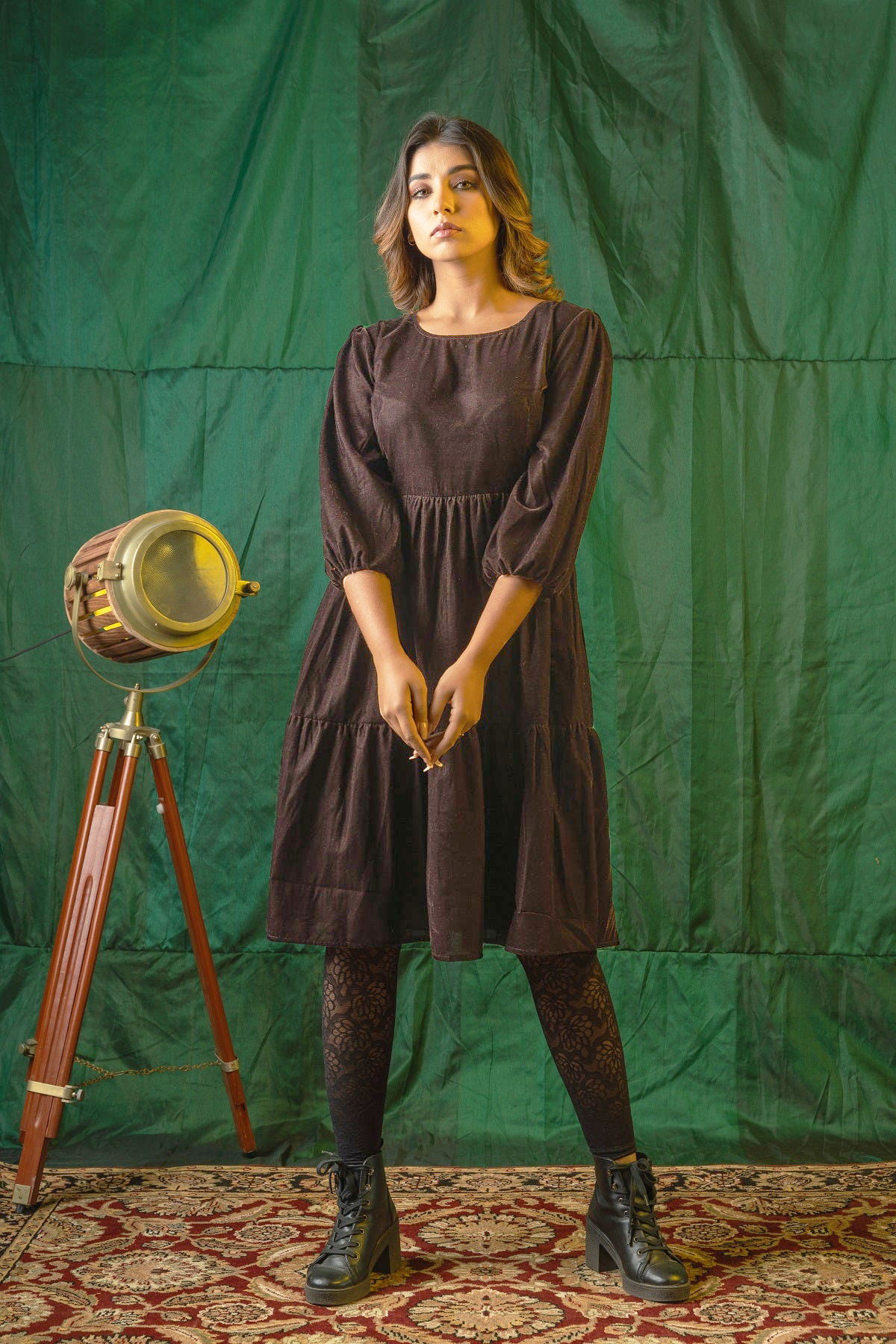 Brown Velvet Tiered Dress