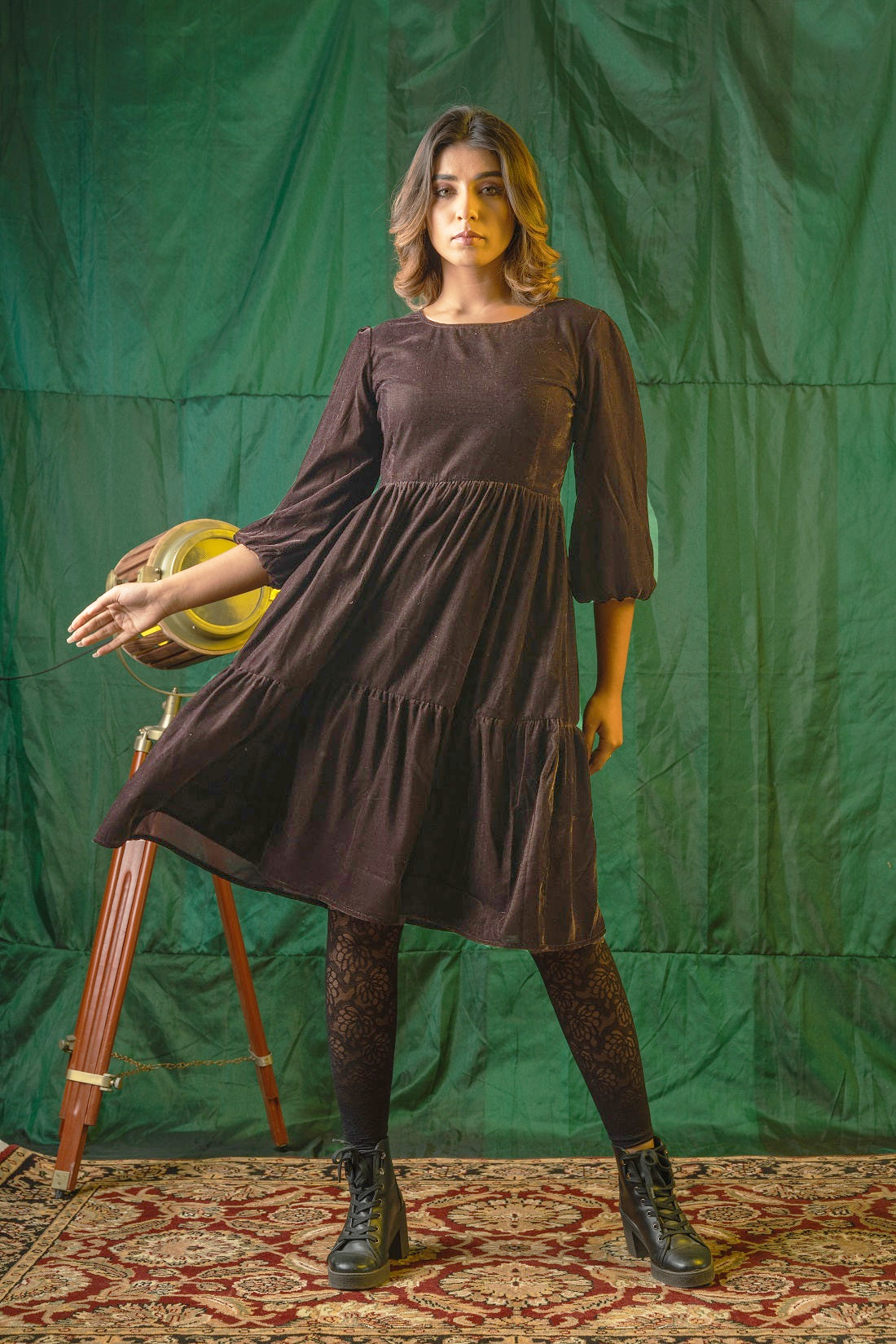Brown Velvet Tiered Dress