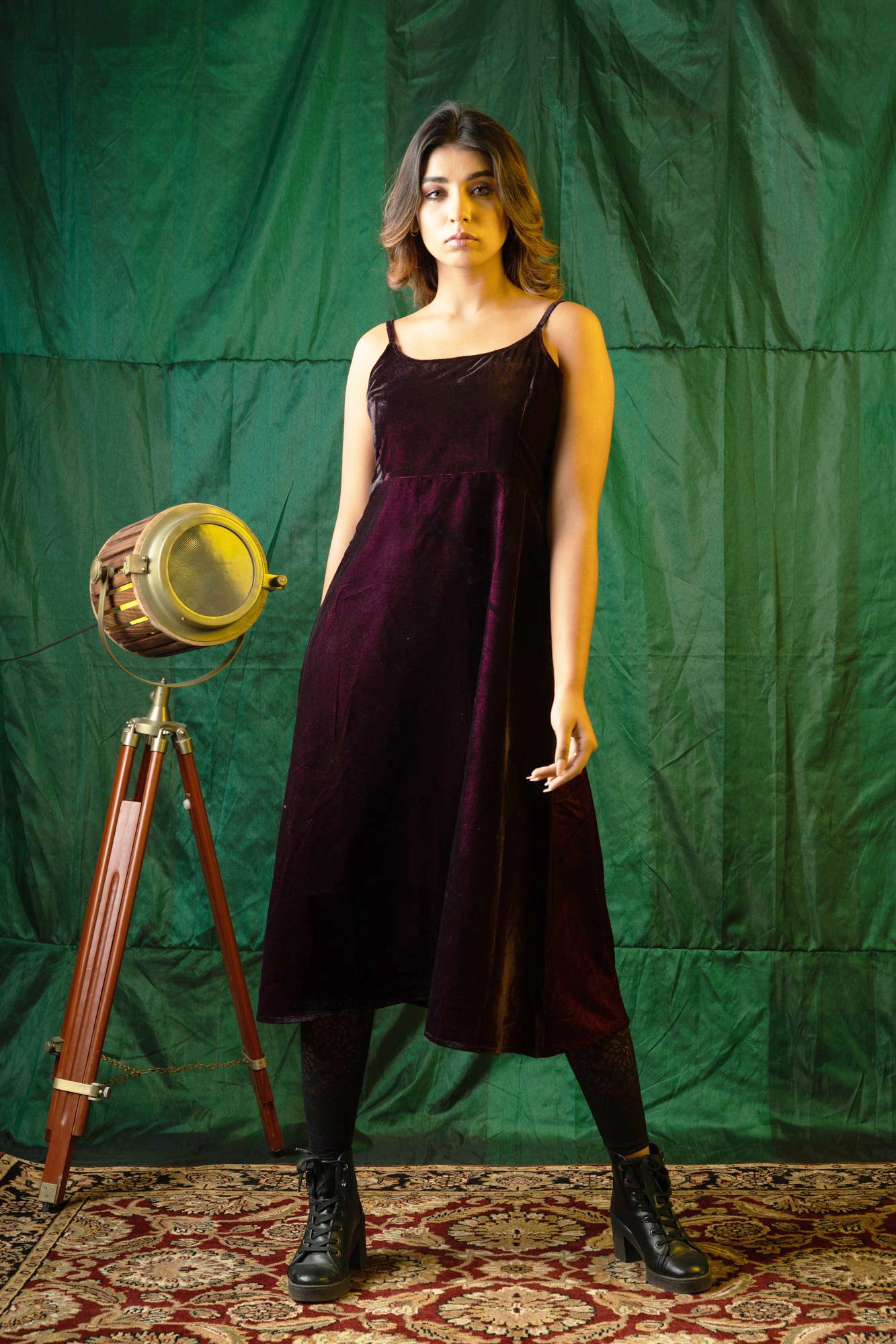 Wine Velvet Strap Dress-Regular Size