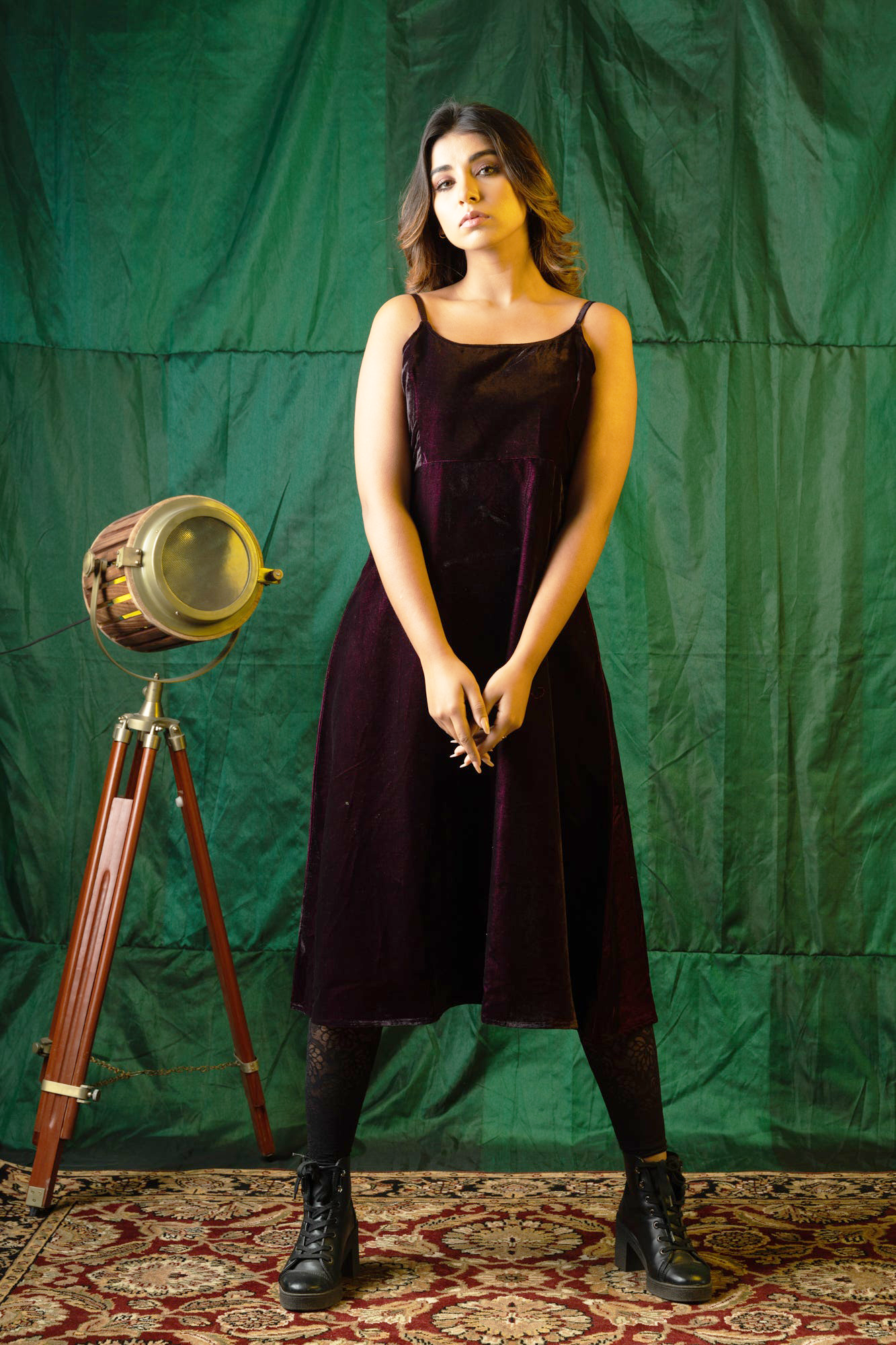 Wine Velvet Strap Dress-Regular Size