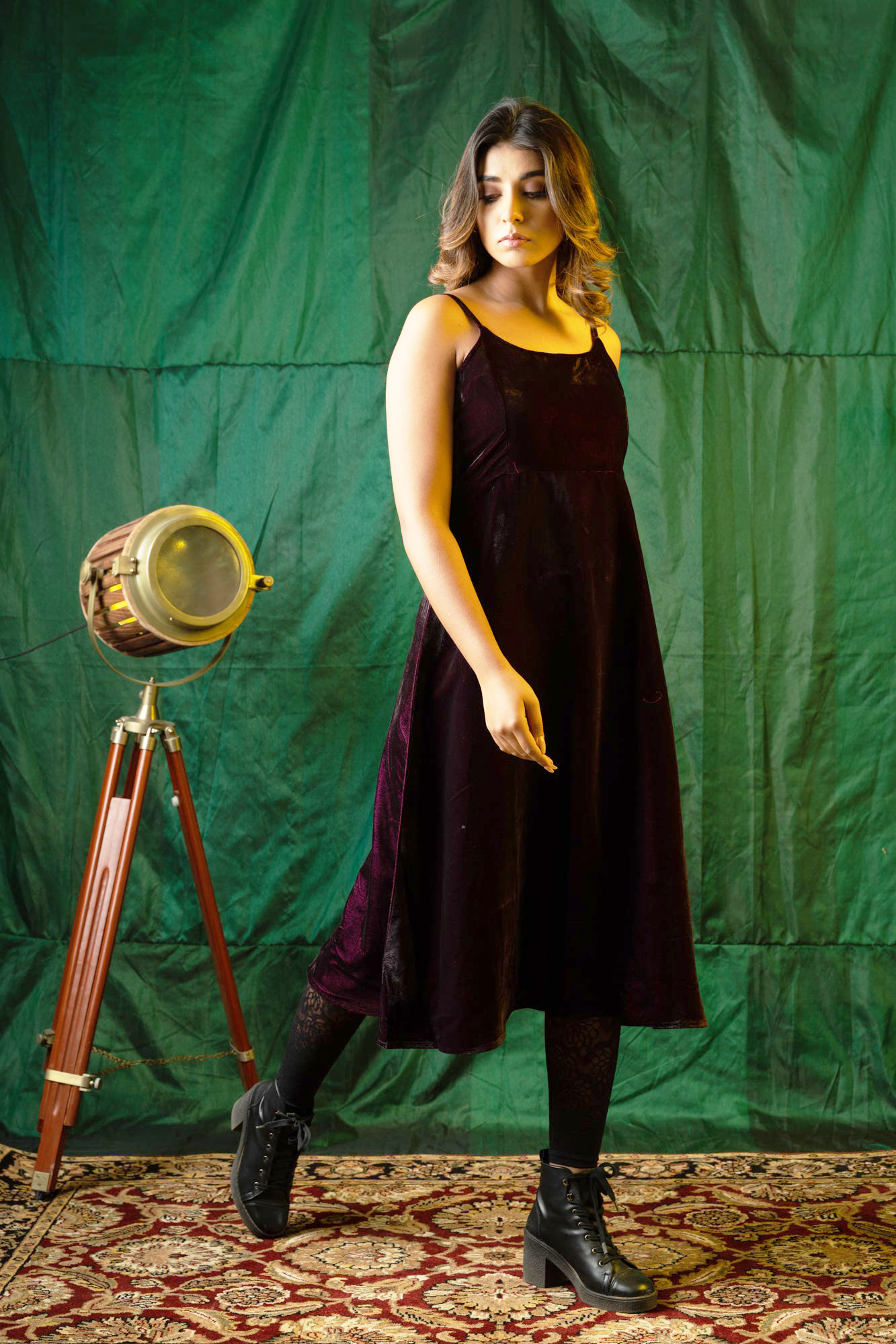 Wine Velvet Strap Dress-Regular Size