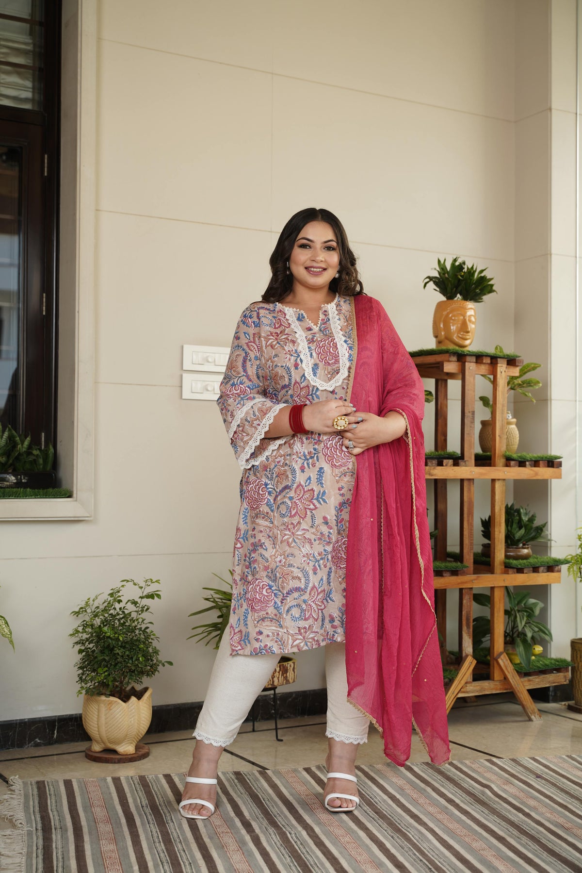 Floral Printed 100% Cotton Kurta Set with Pink Dupatta – Ethnic Wear for Women