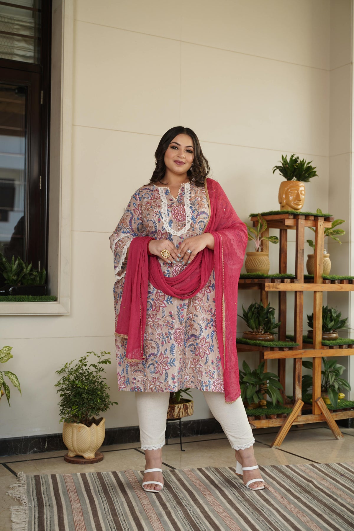 Floral Printed 100% Cotton Kurta Set with Pink Dupatta – Ethnic Wear for Women