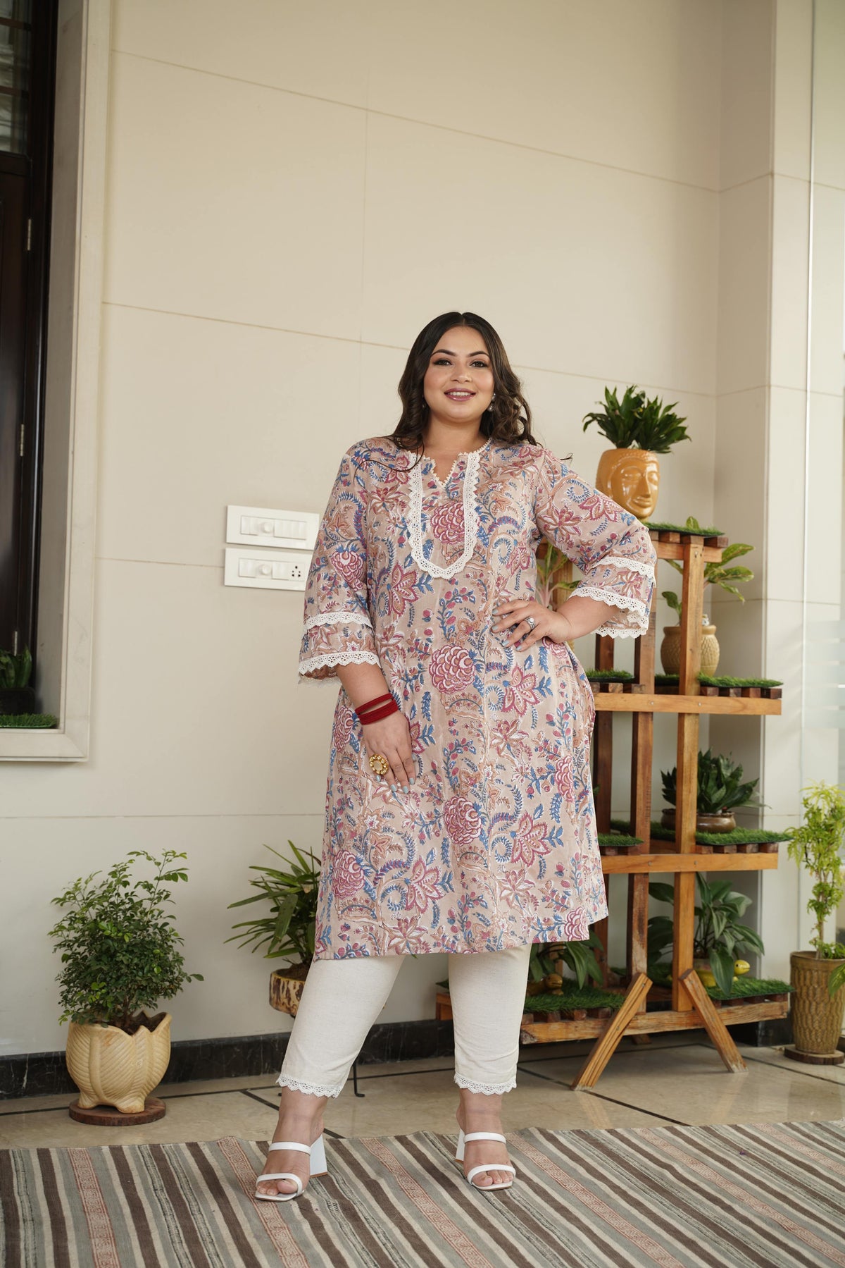 Floral Printed 100% Cotton Kurta Set with Pink Dupatta – Ethnic Wear for Women
