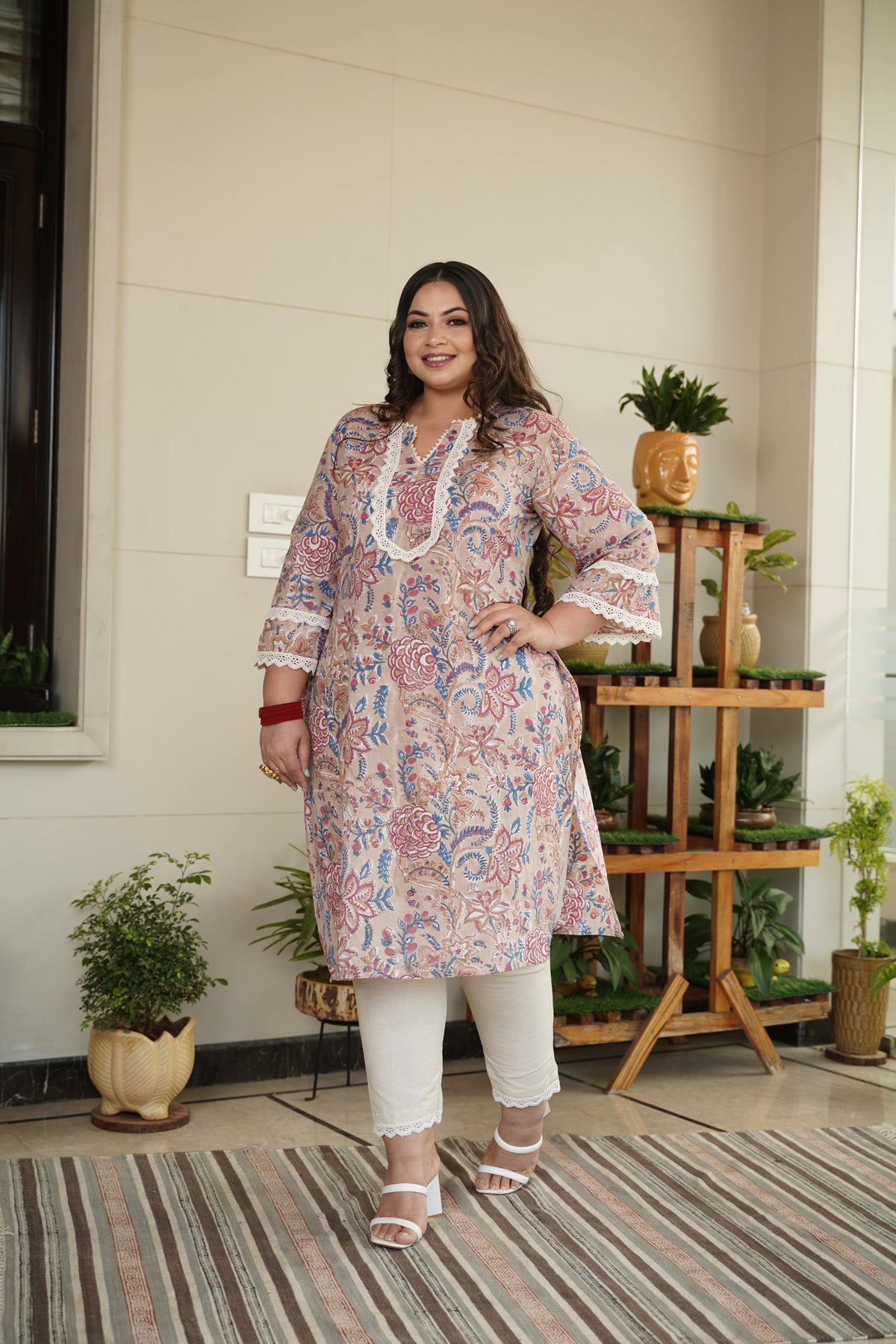 Floral Printed 100% Cotton Kurta Set with Pink Dupatta – Ethnic Wear for Women
