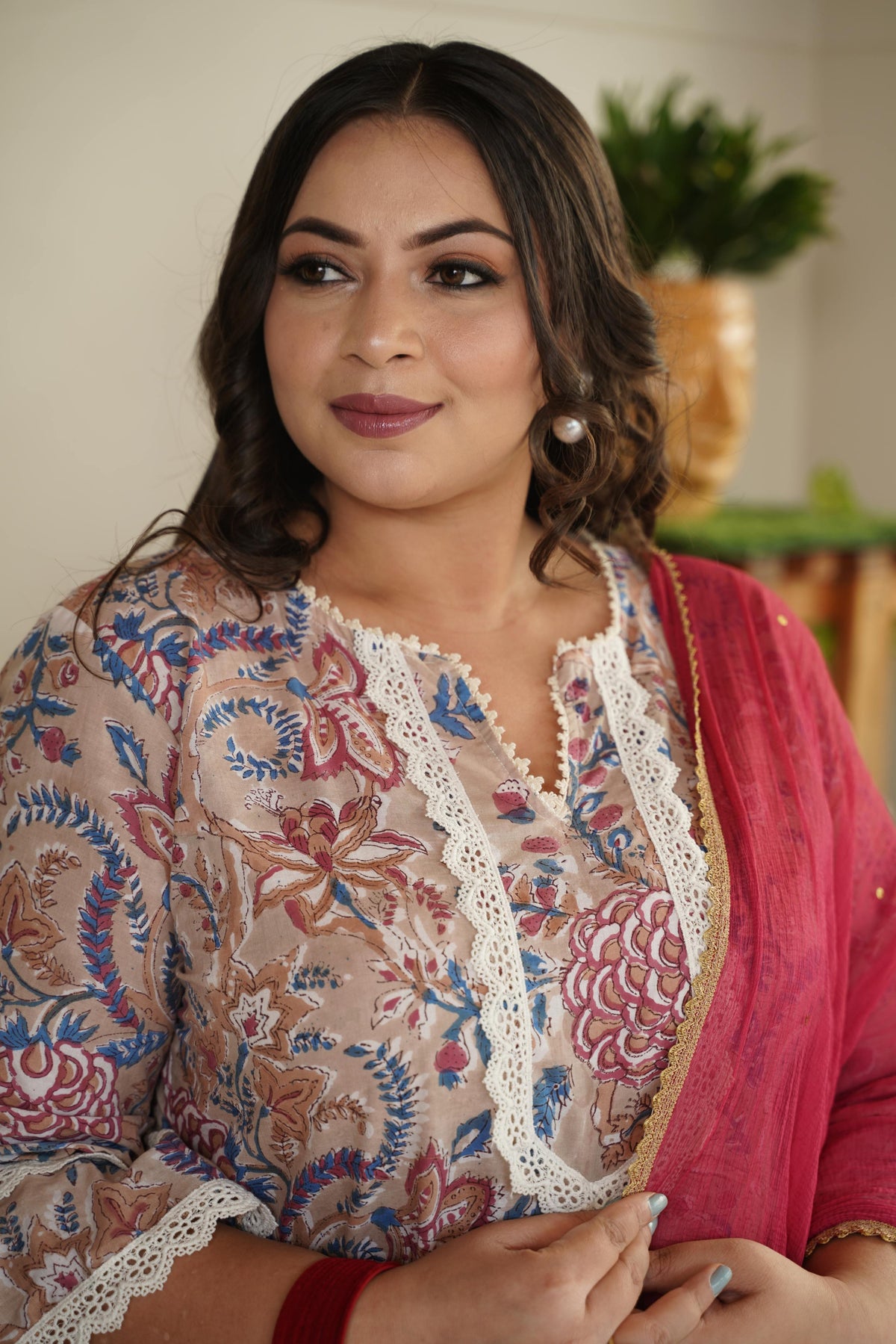 Floral Printed 100% Cotton Kurta Set with Pink Dupatta – Ethnic Wear for Women