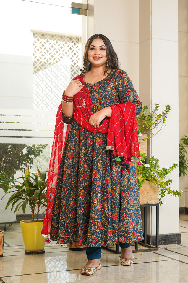 Blue Cotton Floral Print Anarkali Suit Set - ( Set of 3)