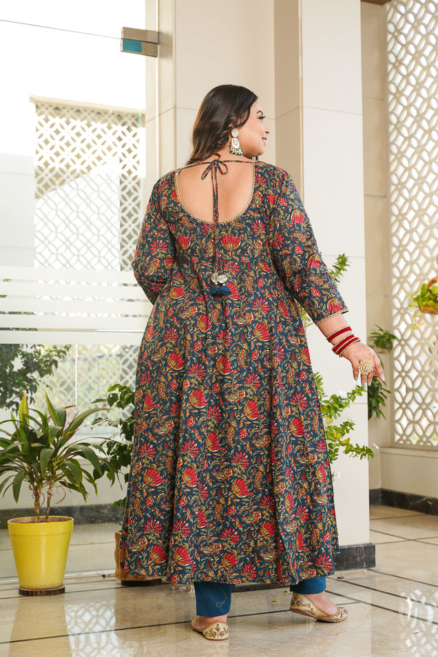 Blue Cotton Floral Print Anarkali Suit Set - ( Set of 3)