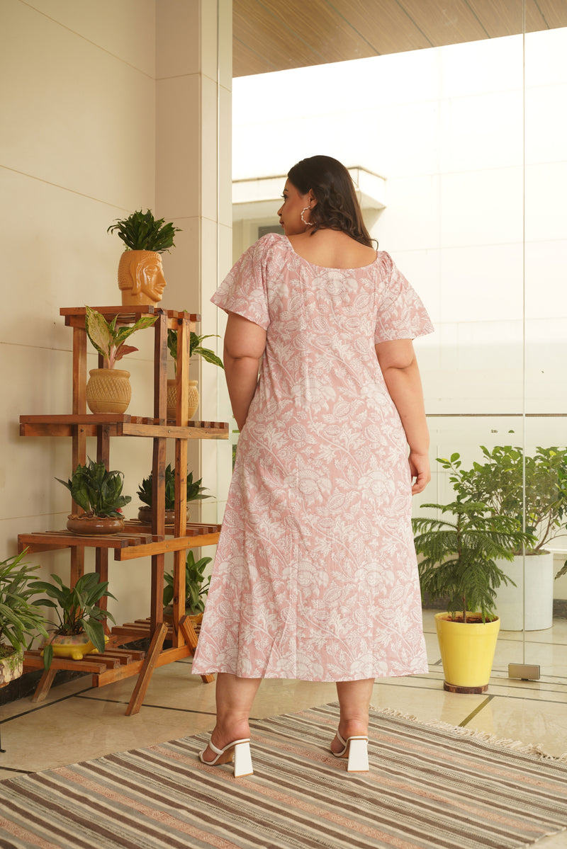 Pink Floral Cotton Gathered Maxi Dress