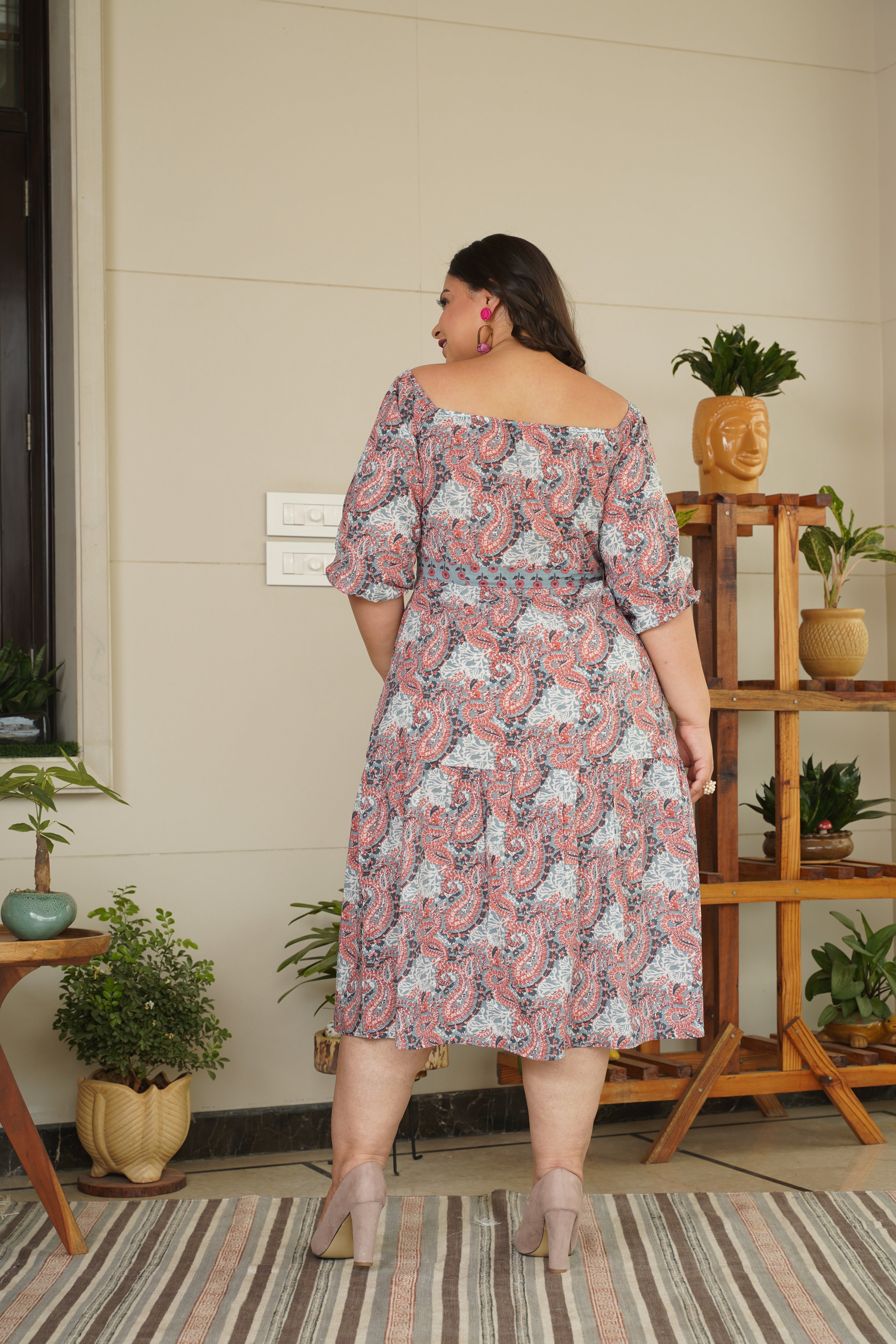 Brown Floral Cotton Midi Dress With Belt