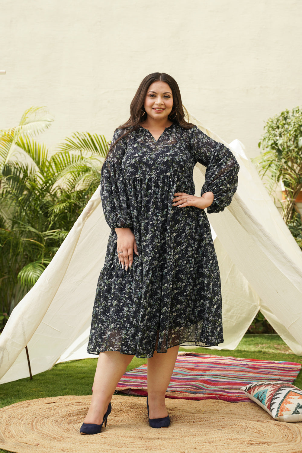 Blue Tiered Georgette Midi Dress