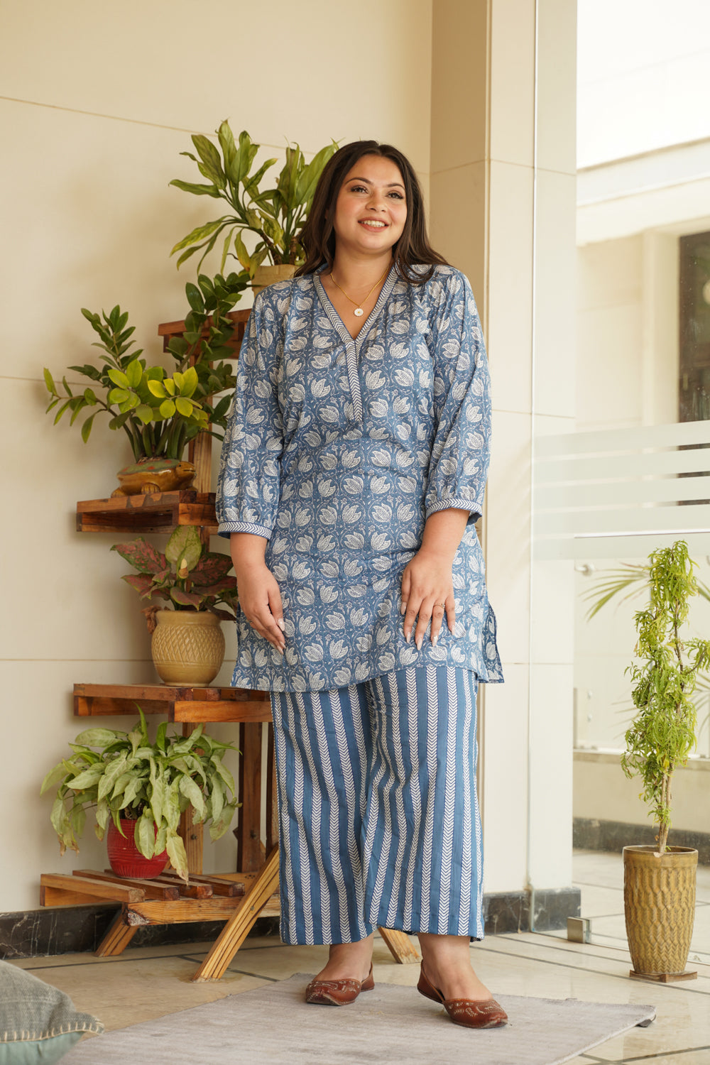 Blue Floral Short Kurta & Striped Palazzo Set - (Set of 2)