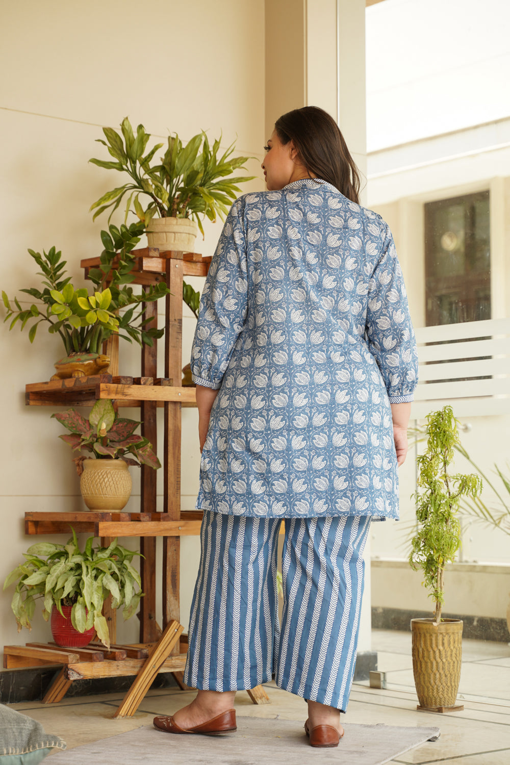 Blue Floral Short Kurta & Striped Palazzo Set - (Set of 2)