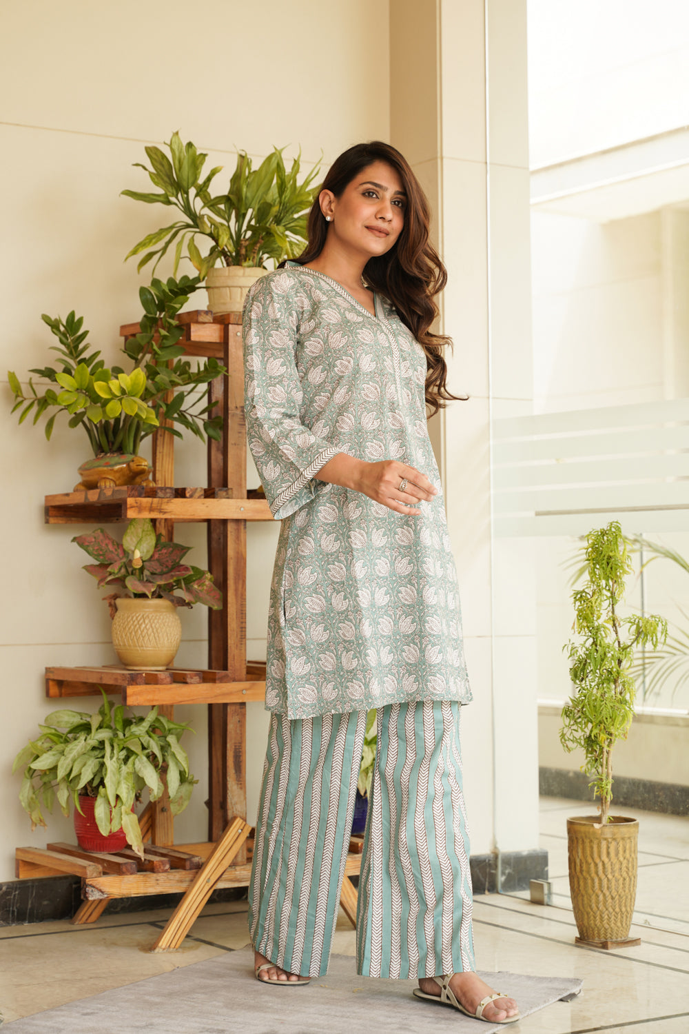 Mint Floral Short V-Neck Kurta & Striped Palazzo Set (Set of 2)