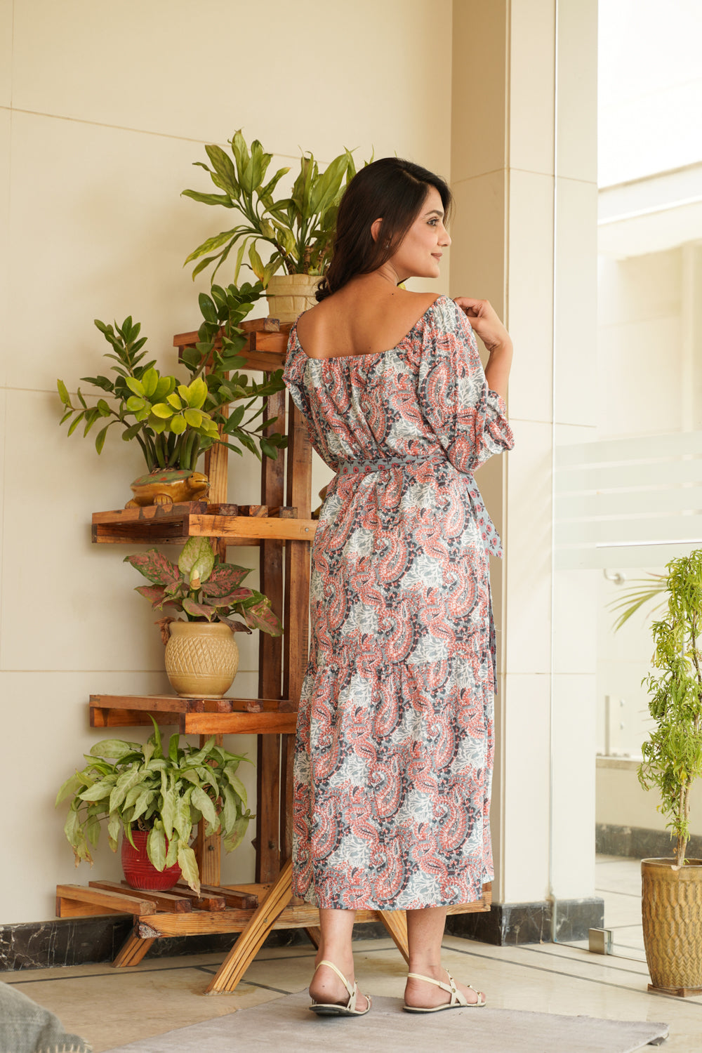 Brown Floral Cotton Midi Dress With Belt