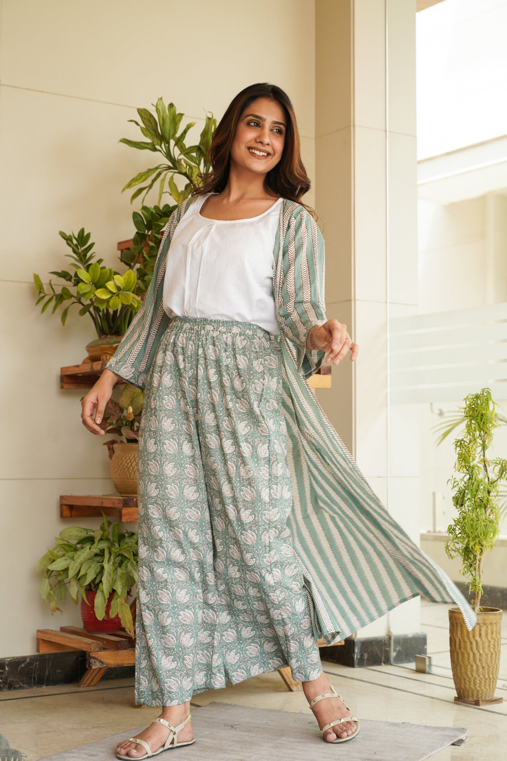 Mint Cotton Shrug Palazzo Set - Set of 2