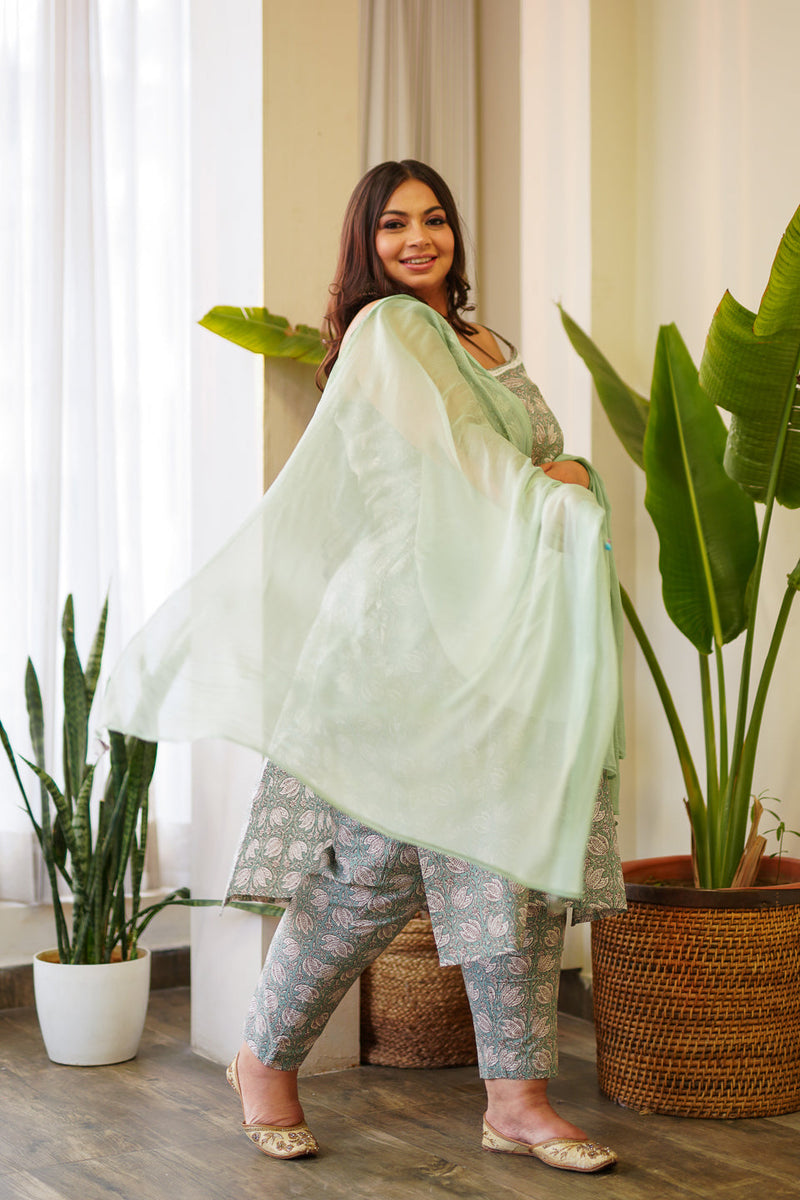 Mint green Floral Strap Cotton Kurta Suit Set (Set of 3)- Regular Size