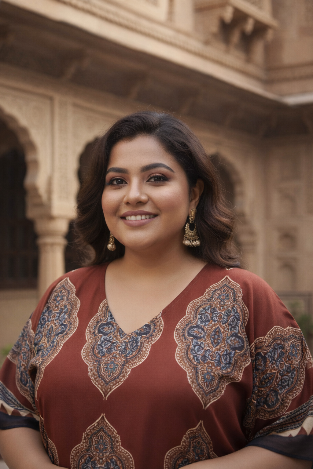 Rust Kaftan Co-ord Set With Ethnic Print(Set of 3)