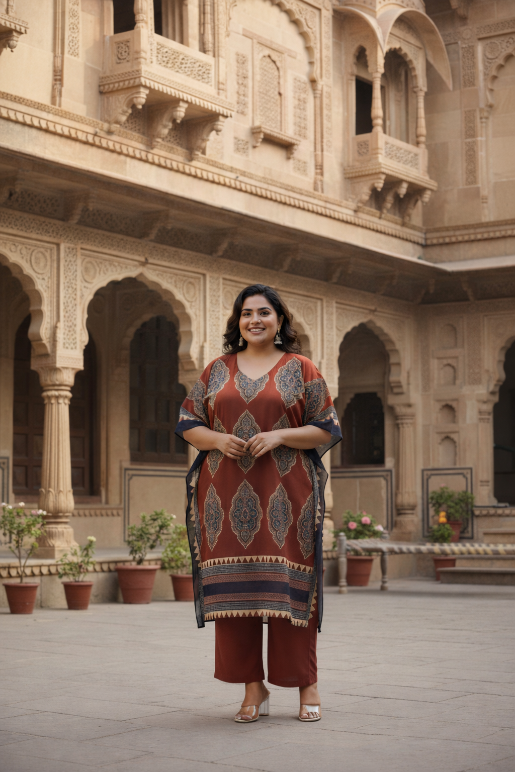 Rust Kaftan Co-ord Set With Ethnic Print(Set of 3)