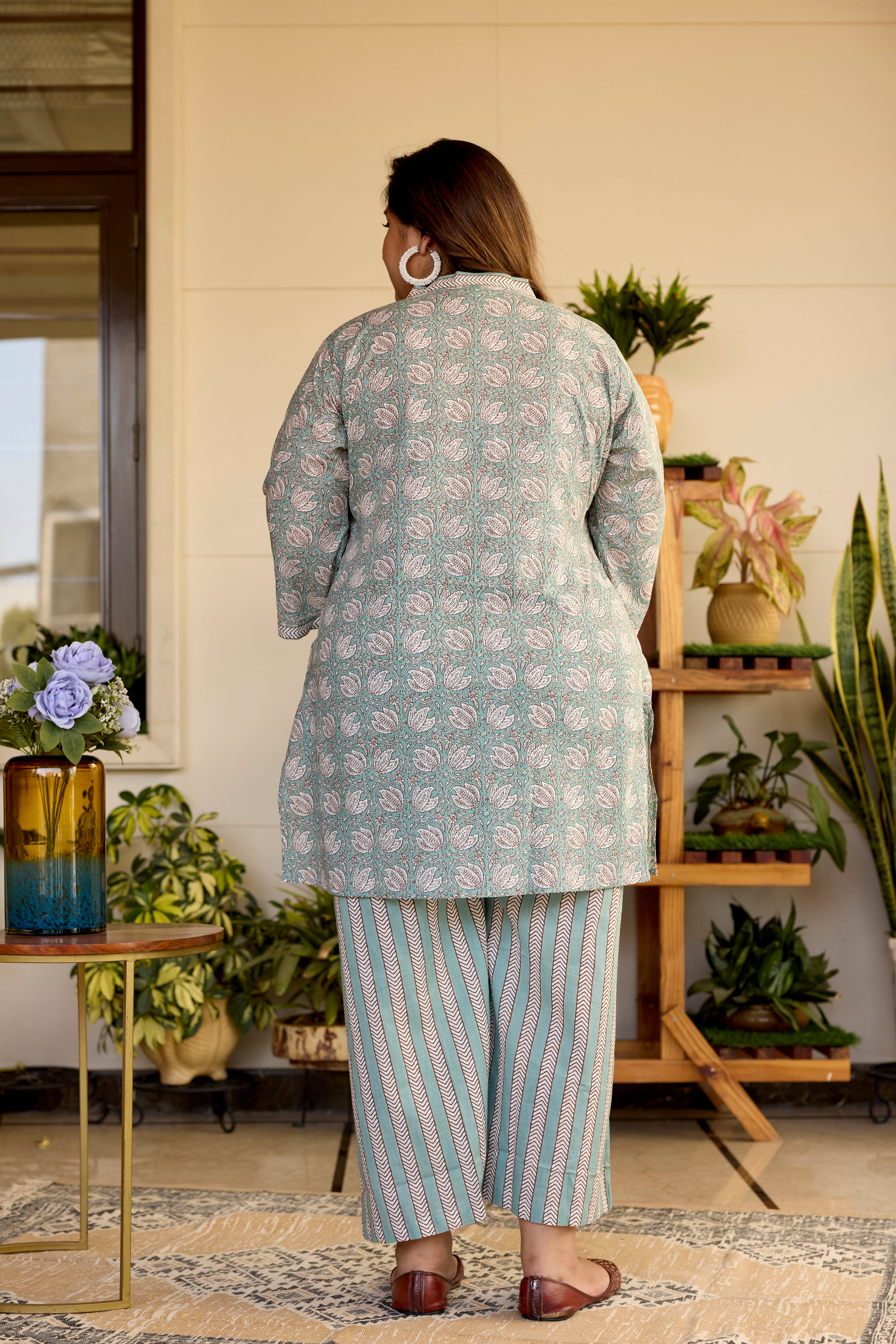 Mint Floral Short V-Neck Kurta & Striped Palazzo Set - (Set of 2)