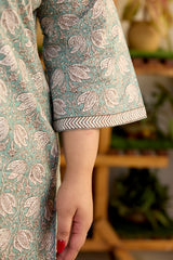 Mint Floral Short V-Neck Kurta & Striped Palazzo Set