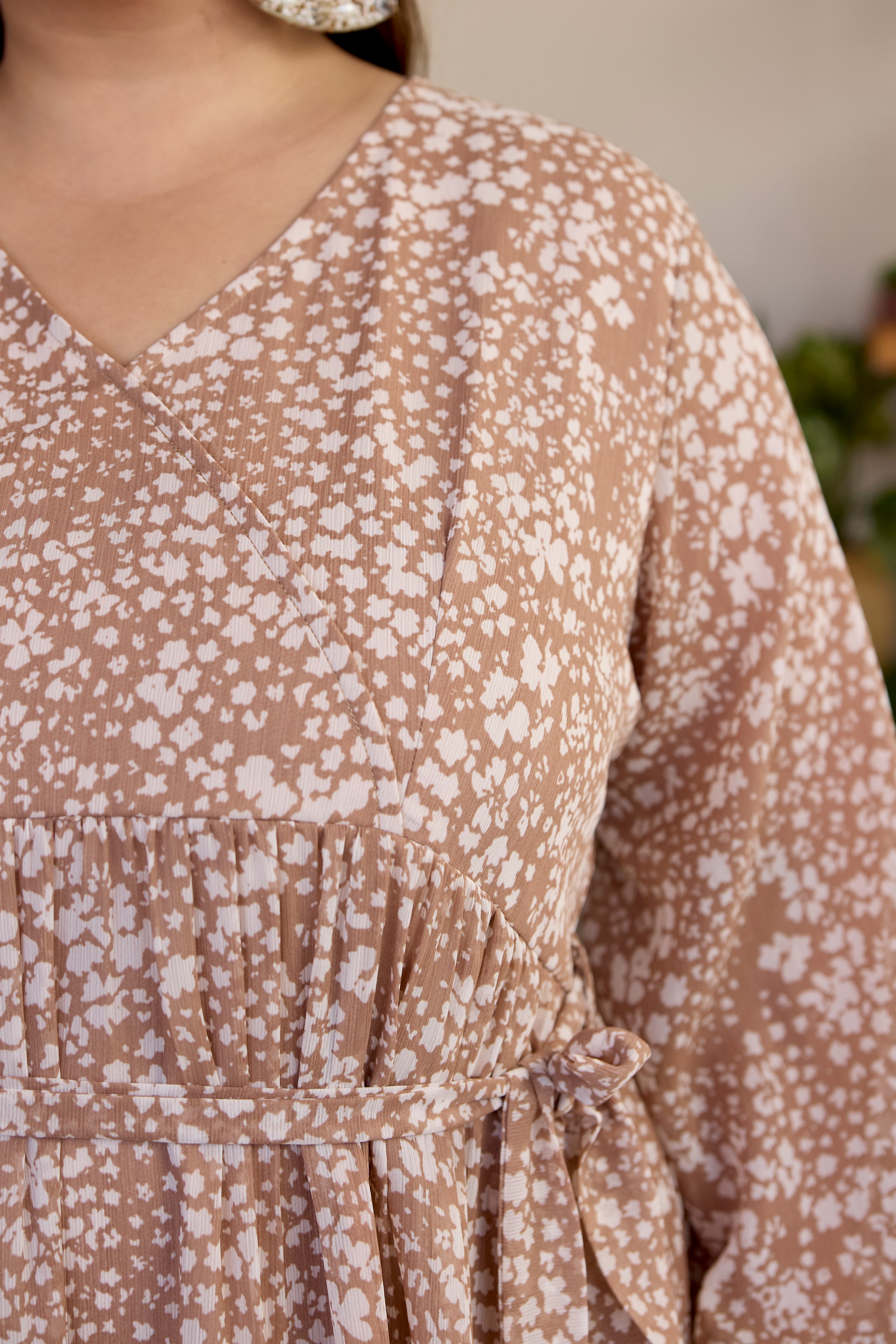 Coffee Cream Printed V Neck Georgette Dress