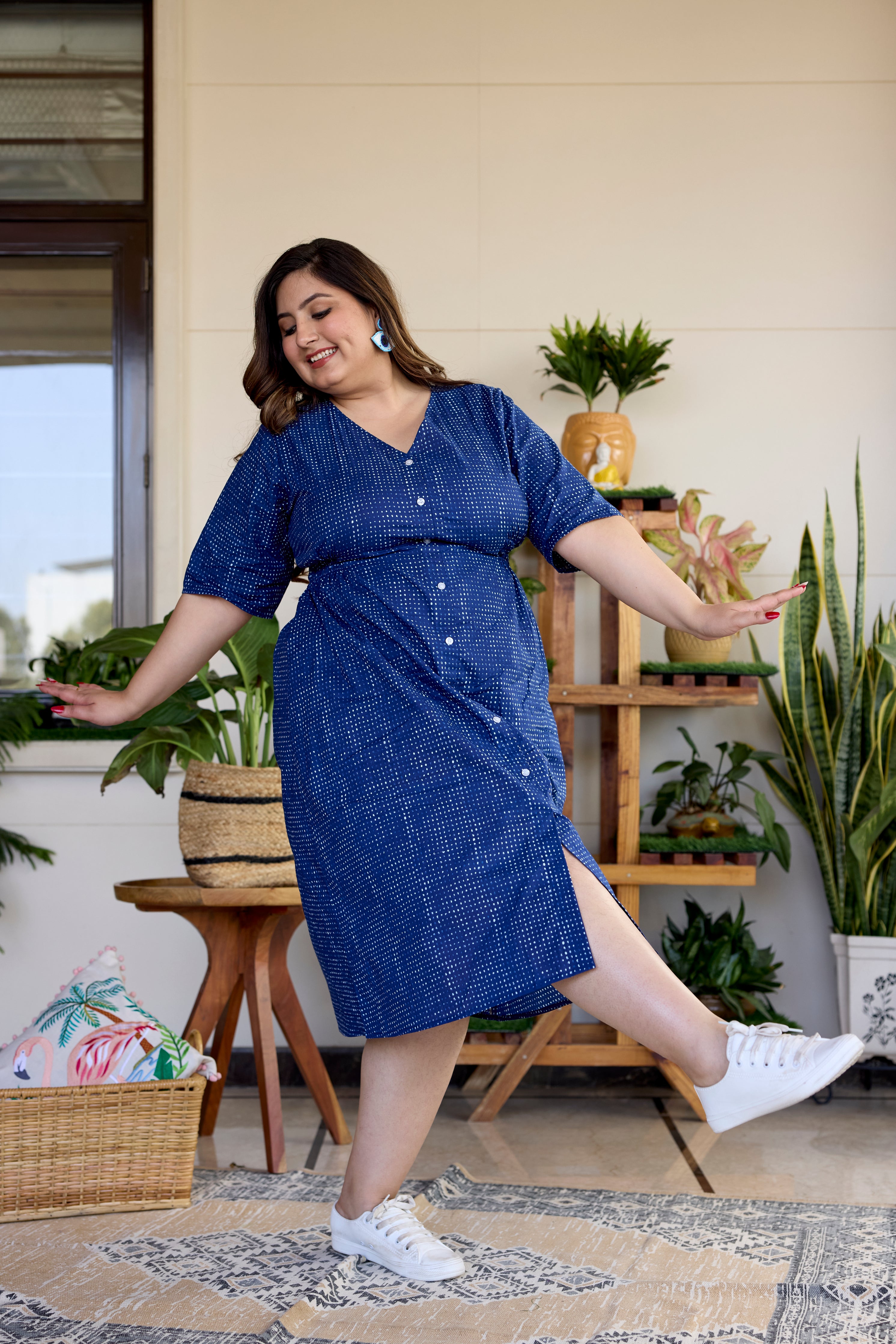 Block Printed Indigo Blue Button Down Midi Dress