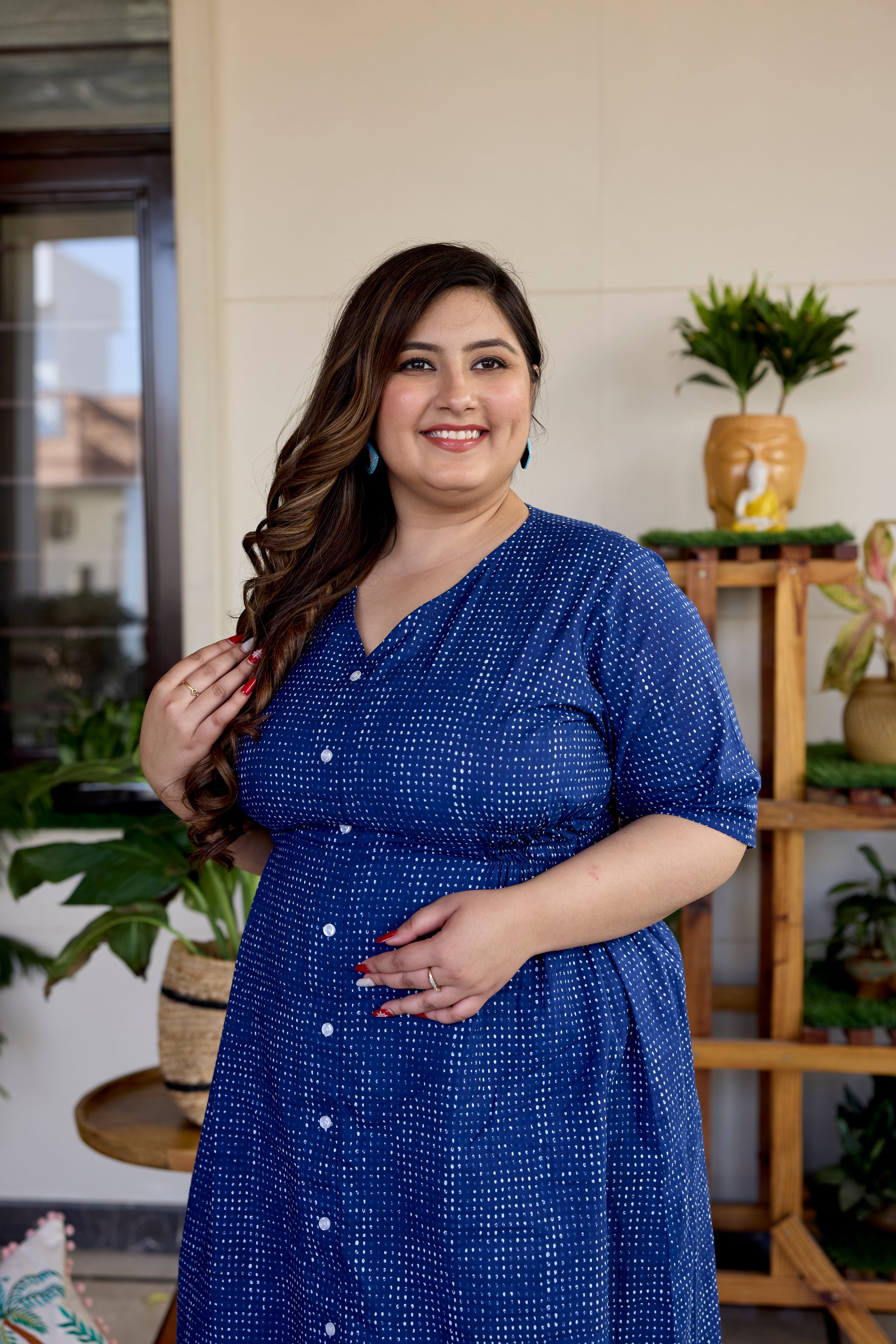 Block Printed Indigo Blue Button Down Midi Dress