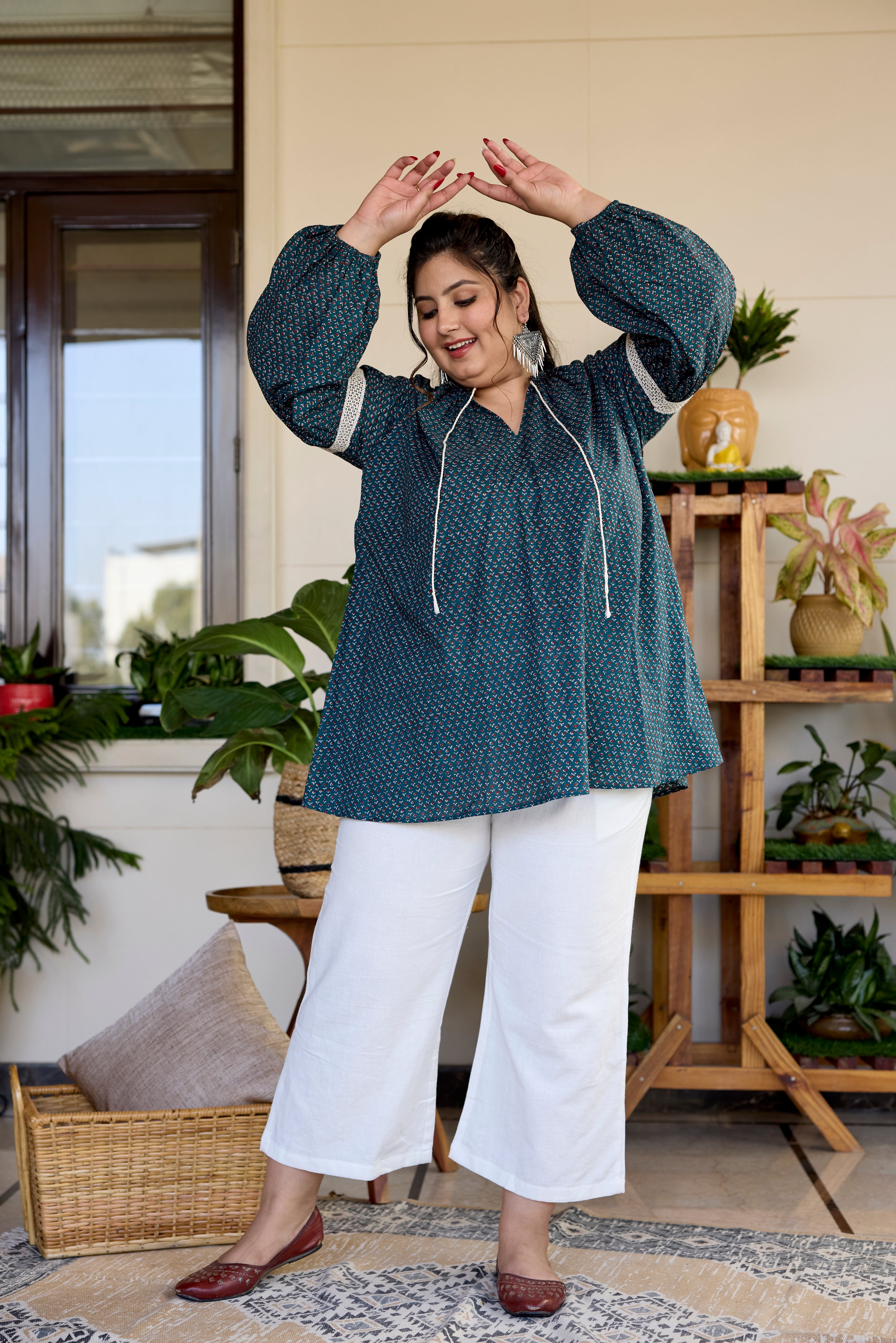 Earthy Green  Cotton Sanganeri Print Top (Only Top)