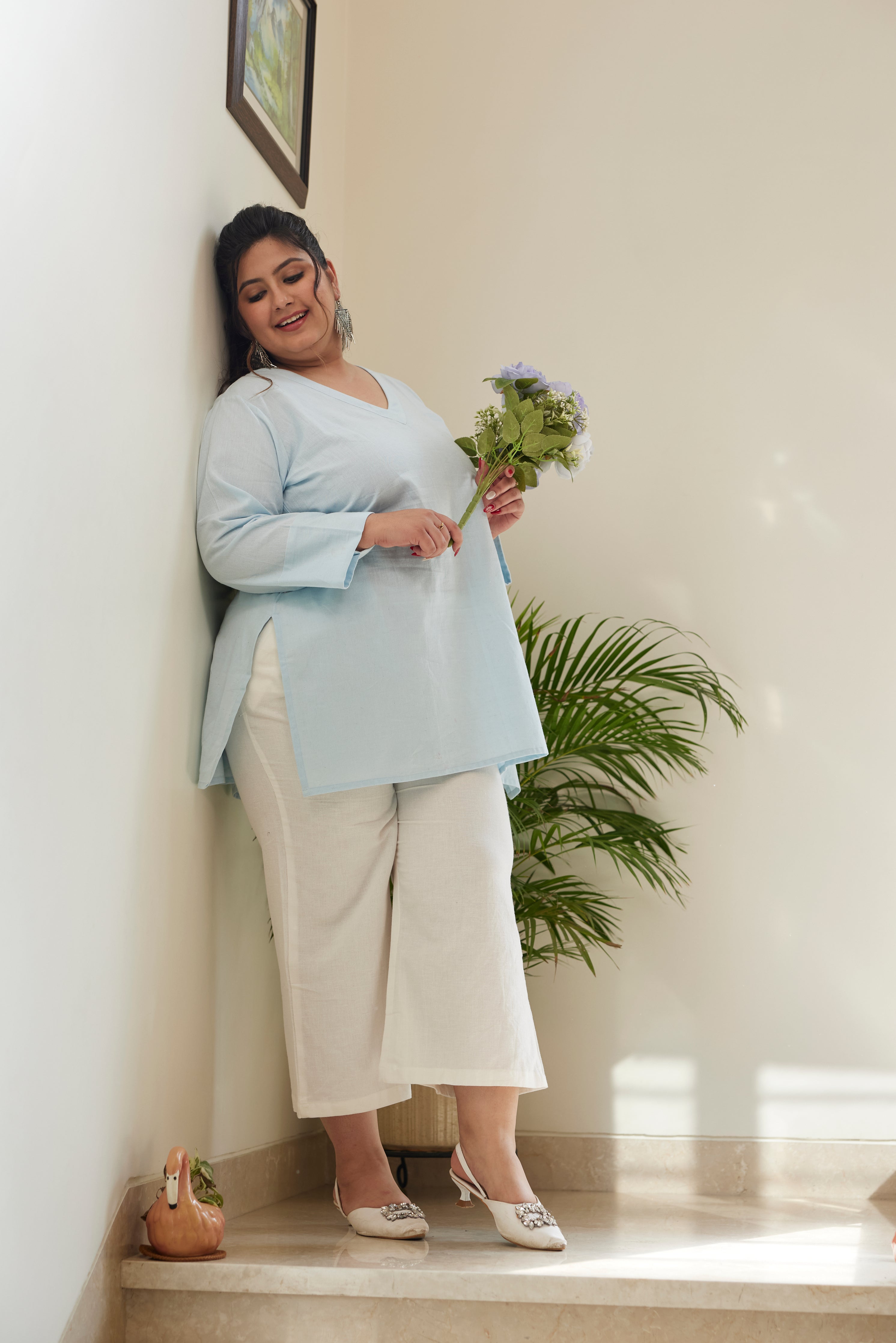 Sky Blue Linen V Neck Short Top (Only top)