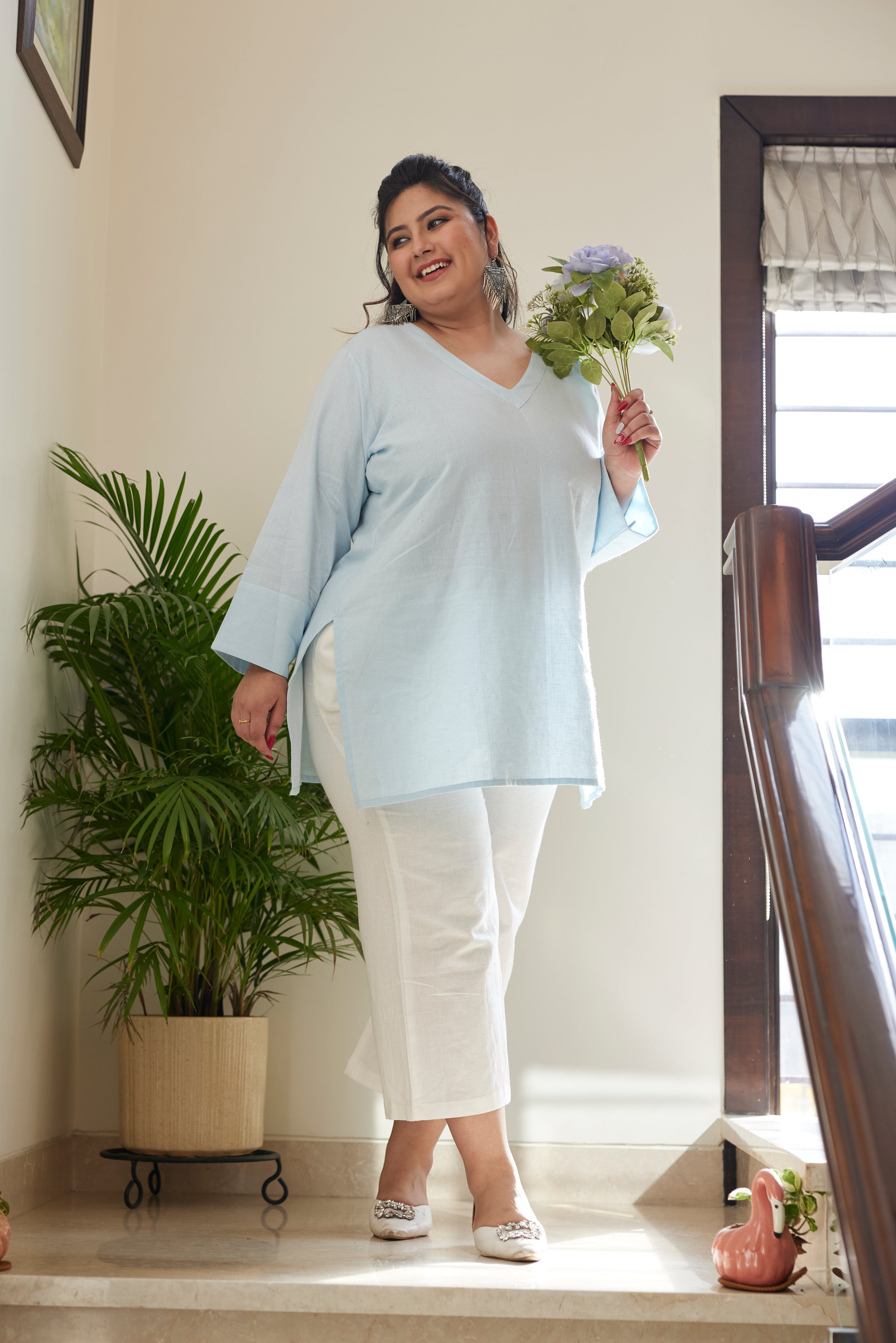 Sky Blue Linen V Neck Short Top (Only top)