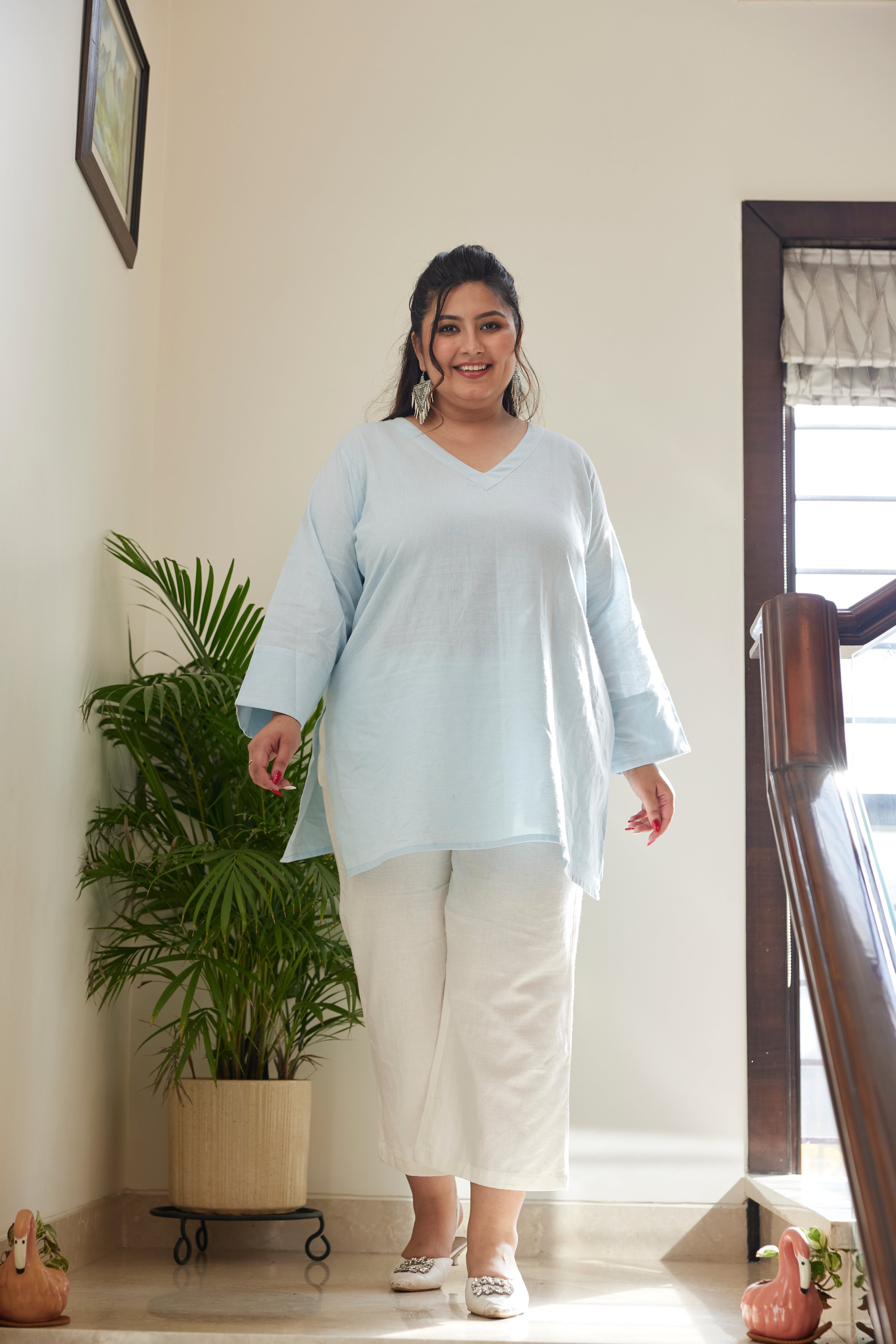 Sky Blue Linen V Neck Short Top (Only top)