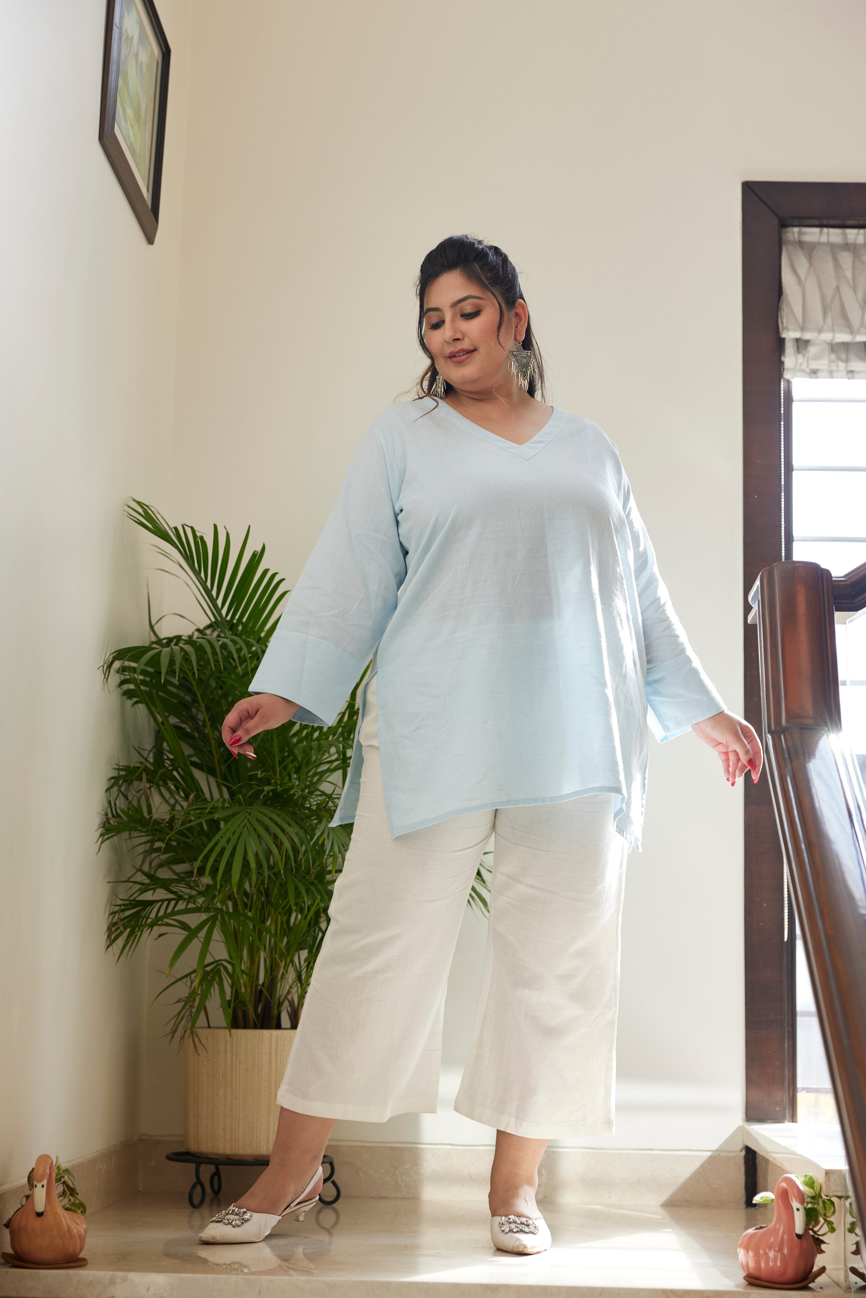 Sky Blue Linen V Neck Short Top (Only top)