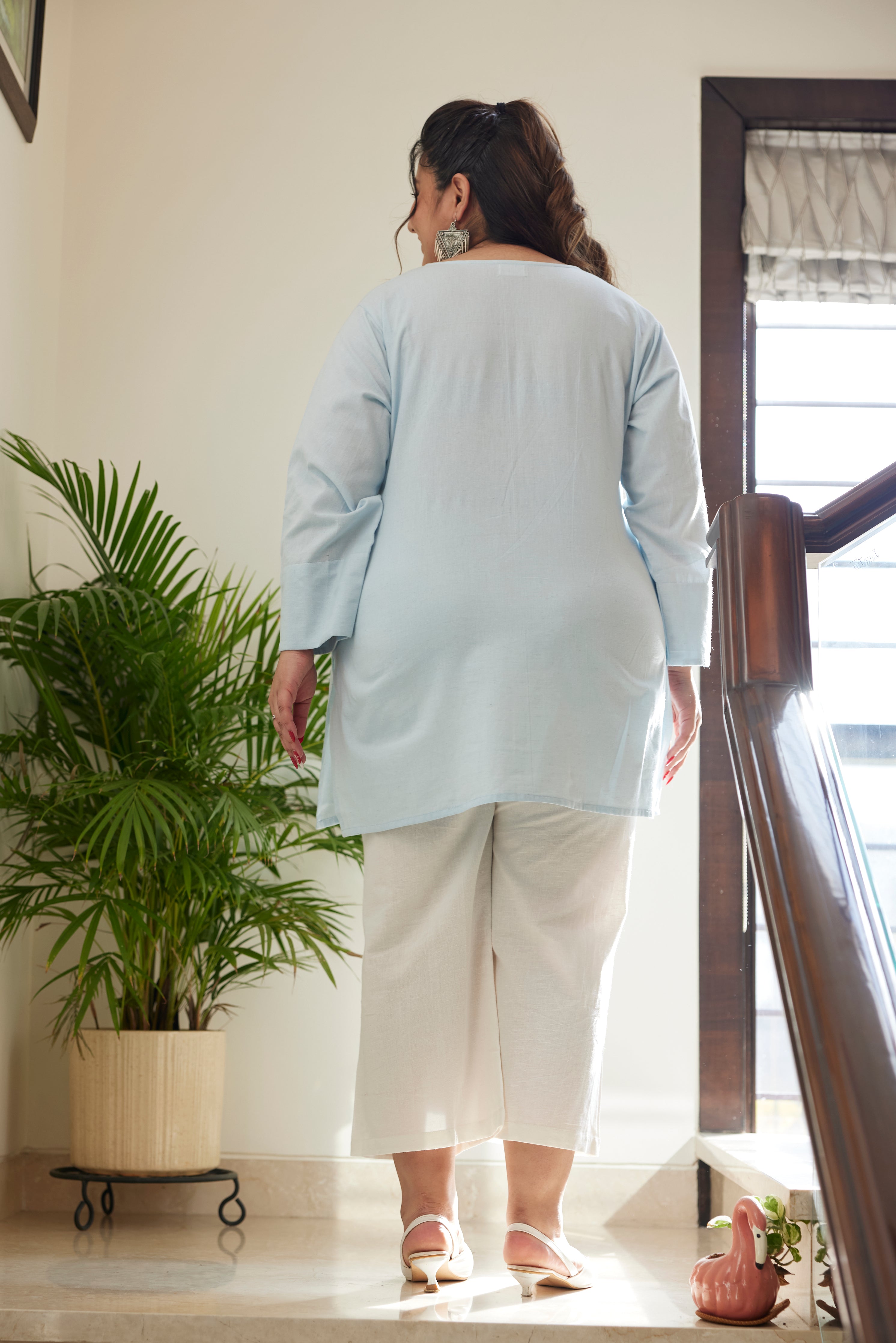 Sky Blue Linen V Neck Short Top (Only top)