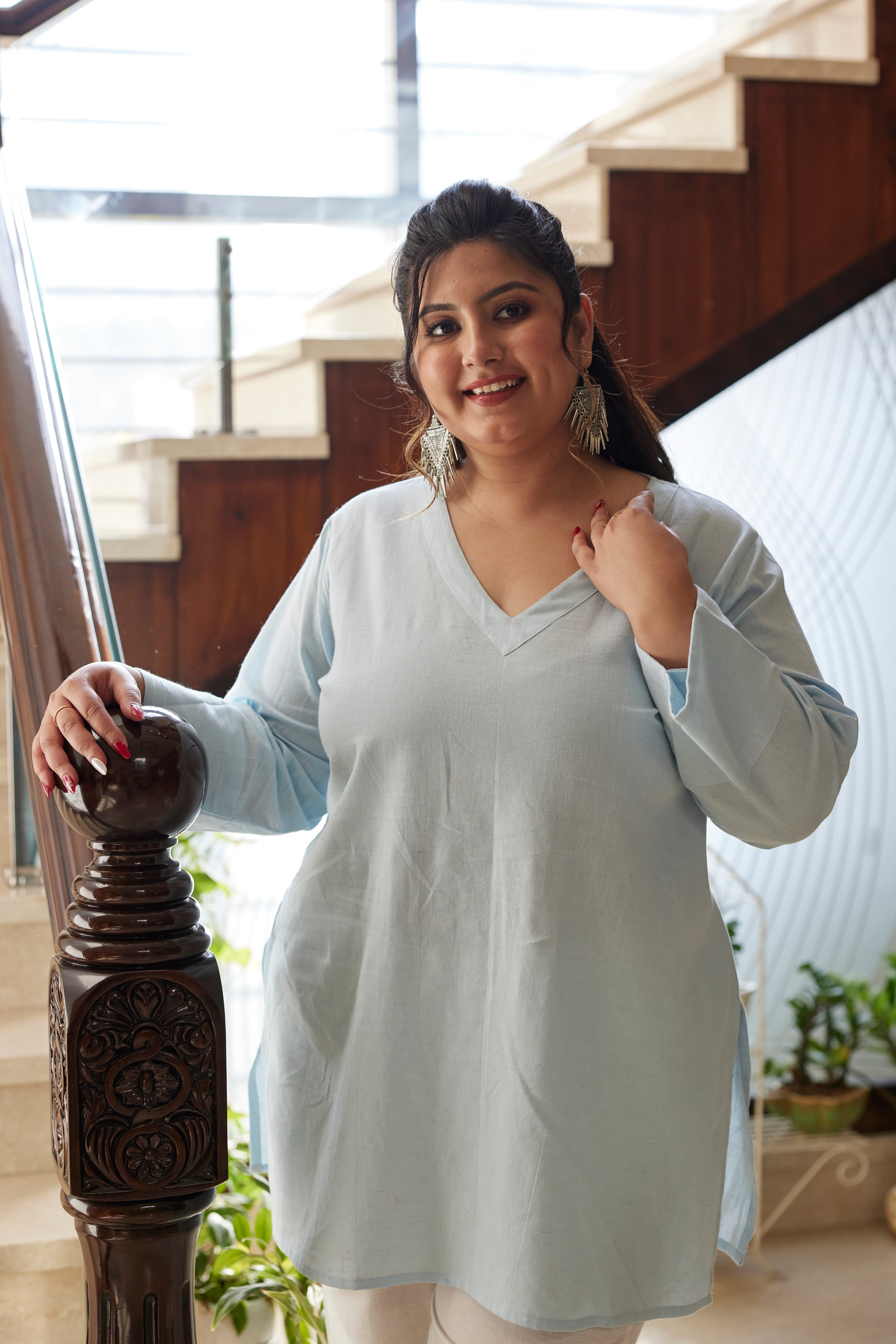 Sky Blue Linen V Neck Short Top (Only top)