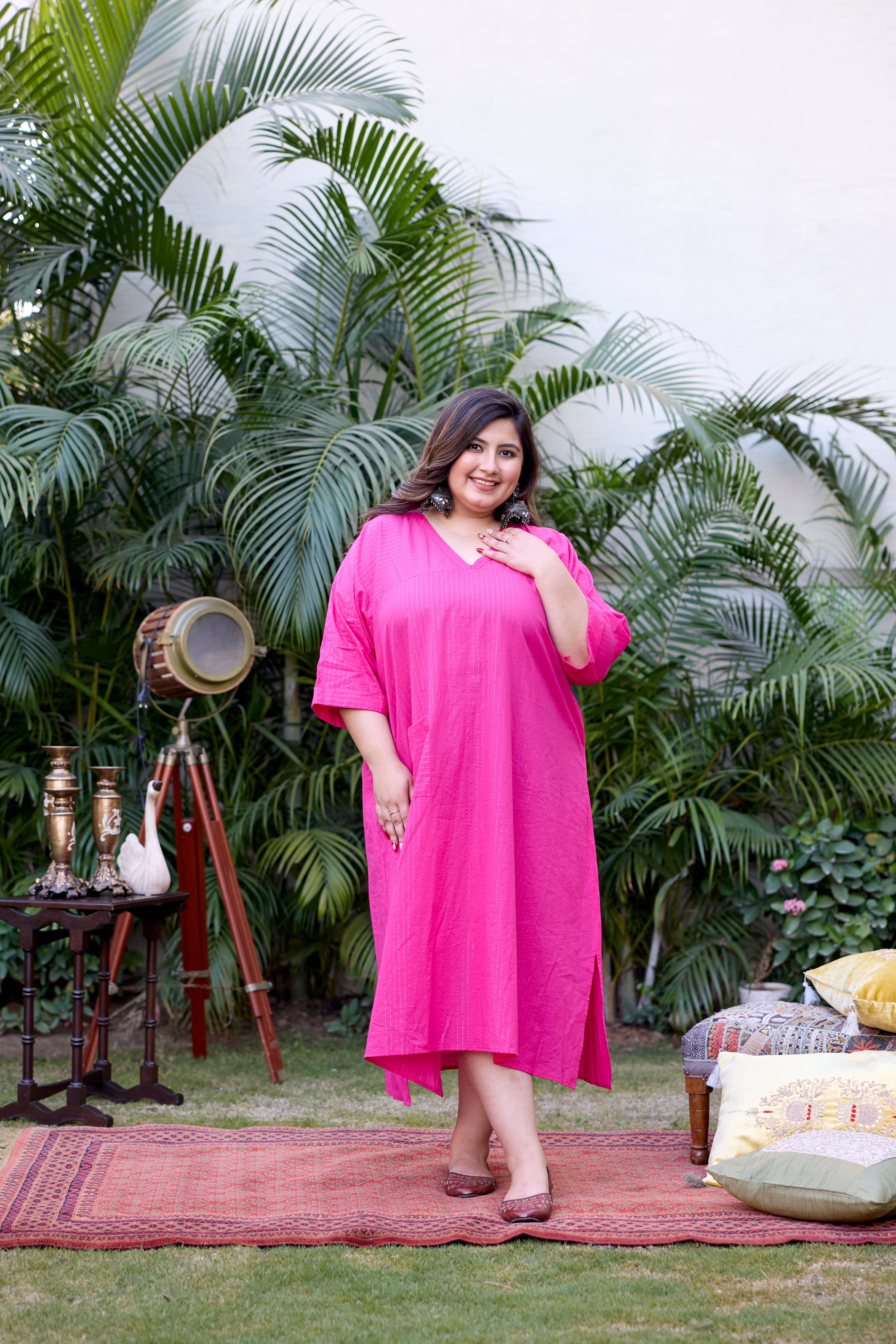 Pink Lurex V-Neck Anti-Fit Dress