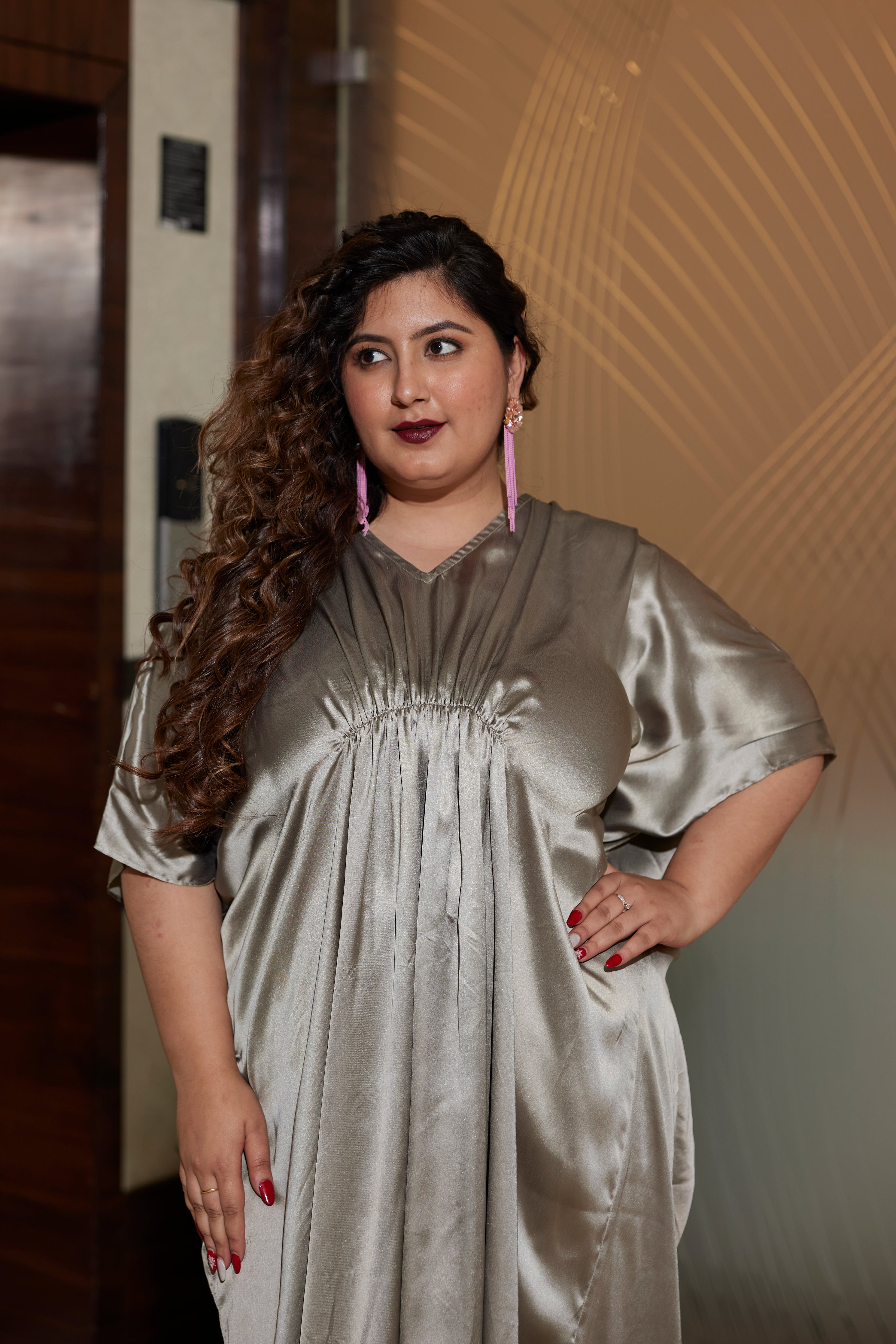 Grey Satin Draped Gown