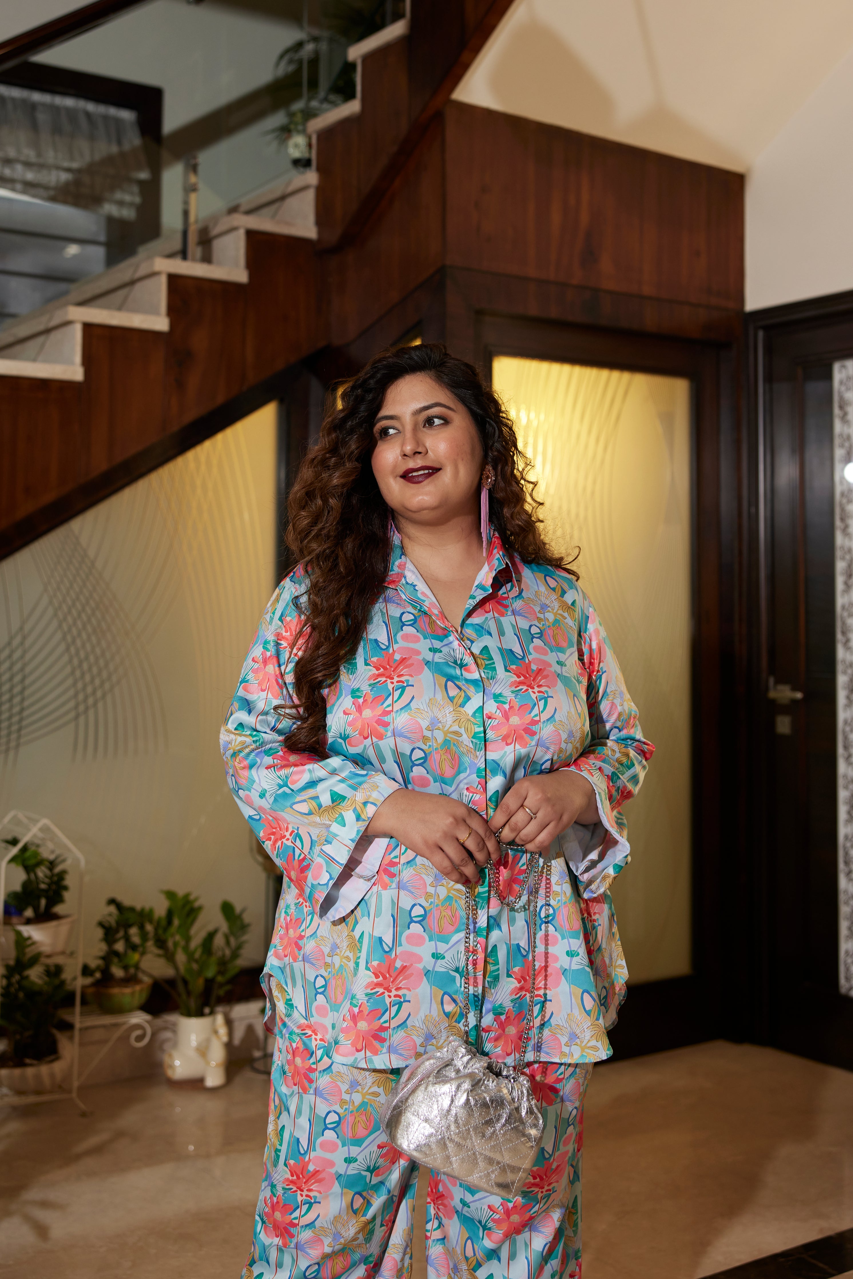 Blue Digital Print Satin Collared Co-ord Set(set of 2)