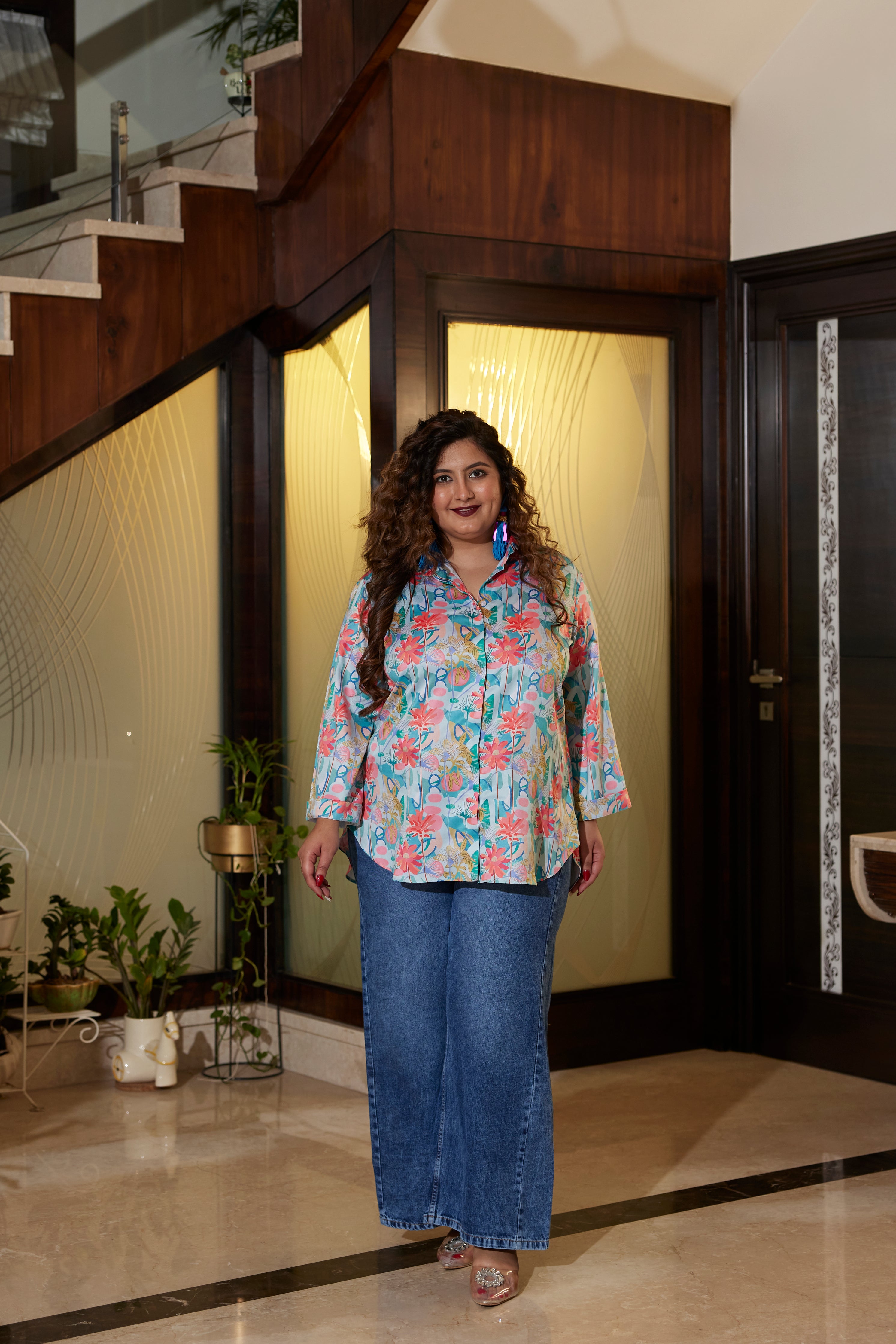 Blue Satin Digital Print Shirt