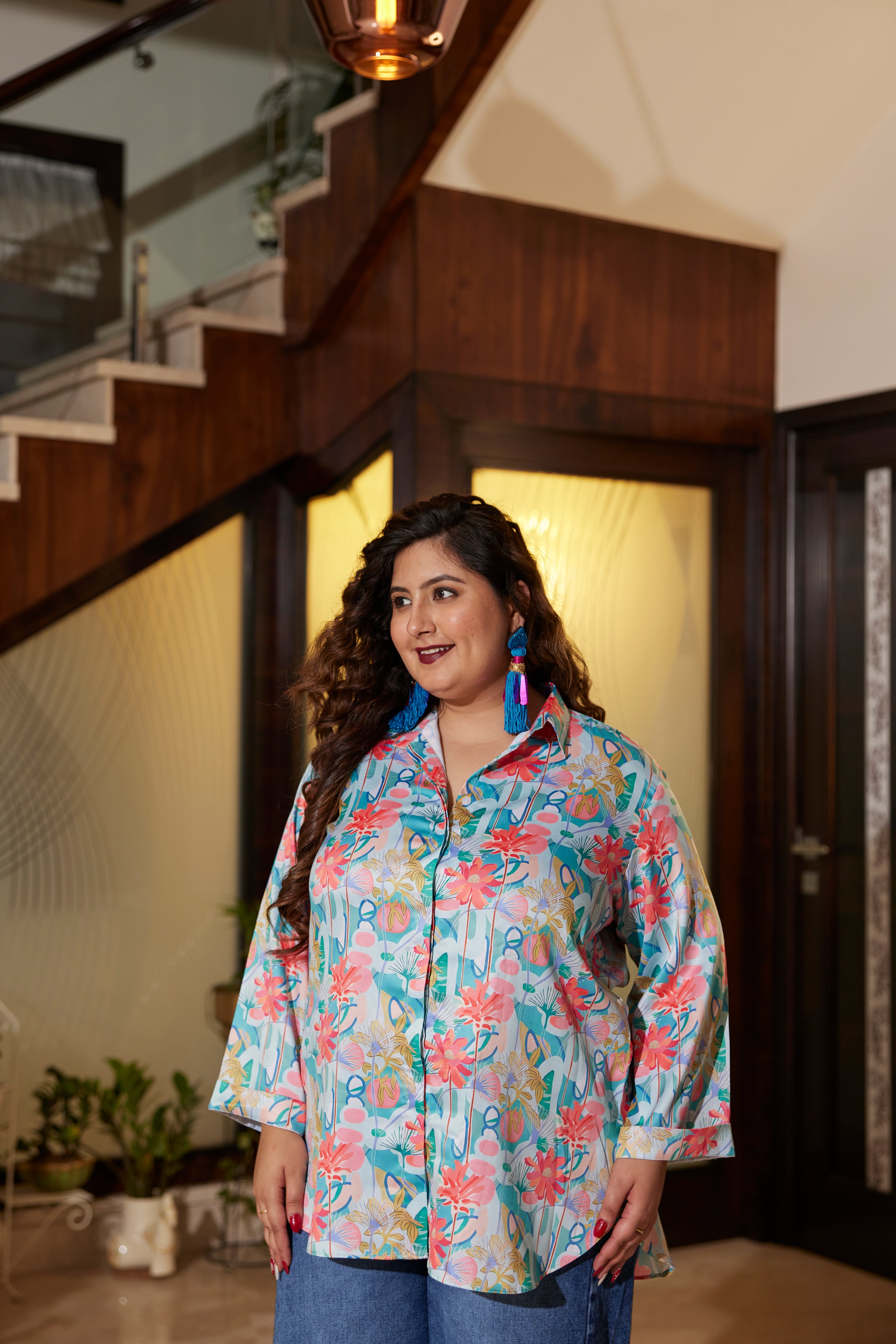 Blue Satin Digital Print Shirt